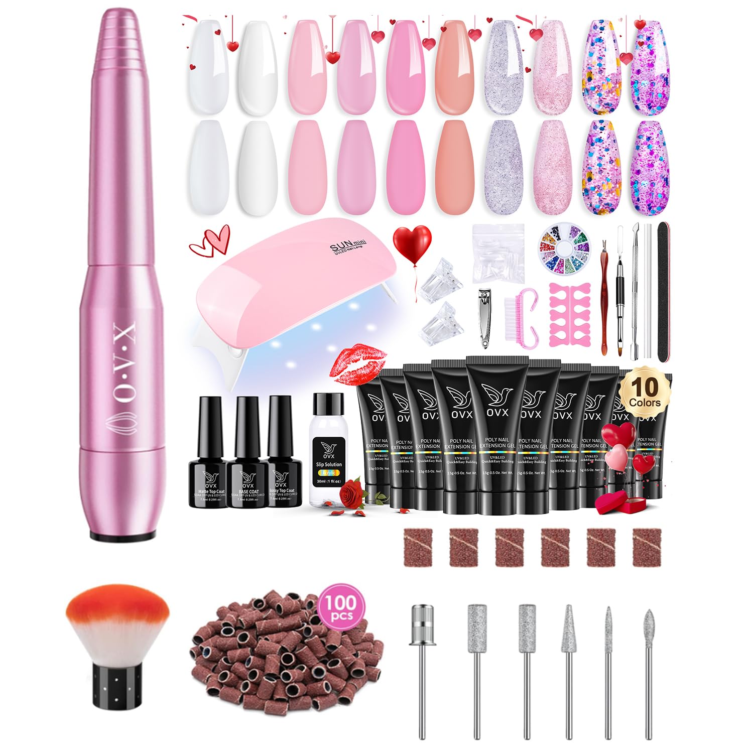 Electric Nail Drill File Machine with Poly Nail Gel Kit for Beginner with Everything