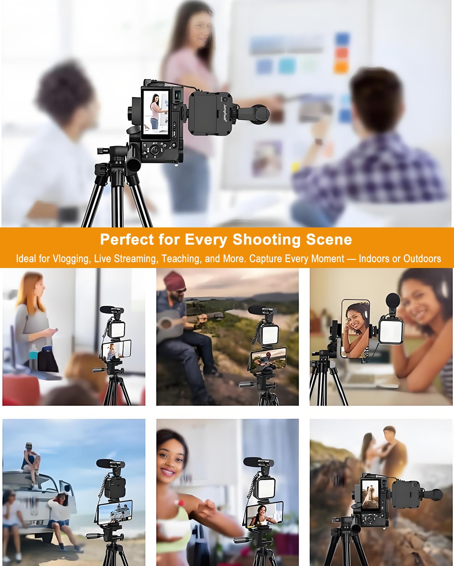 Kit Prise Vue Vidéo, Kit Vlog Professionnel pour Smartphone et Appareil Photo : Microphone, Lumière LED, Trépied Réglable, Support Téléphone, Idéal pour YouTube, TikTok, Live Streaming, Photographie
