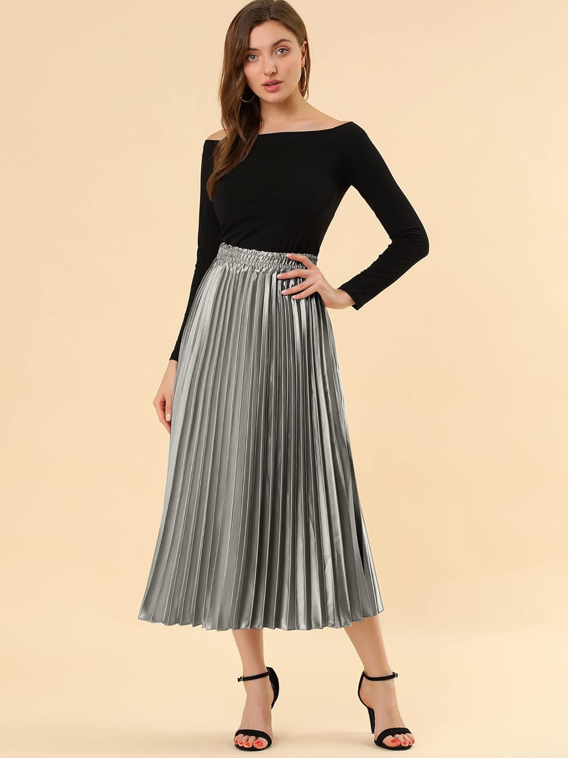 Allegra K Women Pleated Skirt Midi Length Elastic High Waisted A Line Swing Flare Metallic Shirring Party Valentines Skirts