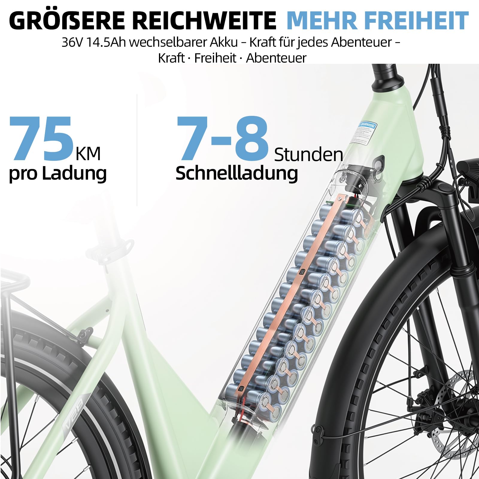 V28 Vélo électrique 28" pour homme et femme, moteur arrière 250 W, 45 Nm, batterie 36 V 14,5 Ah, portée jusqu'à 75 km, Shimano 7 vitesses, fourche à suspension, freins à disque, vélo de ville