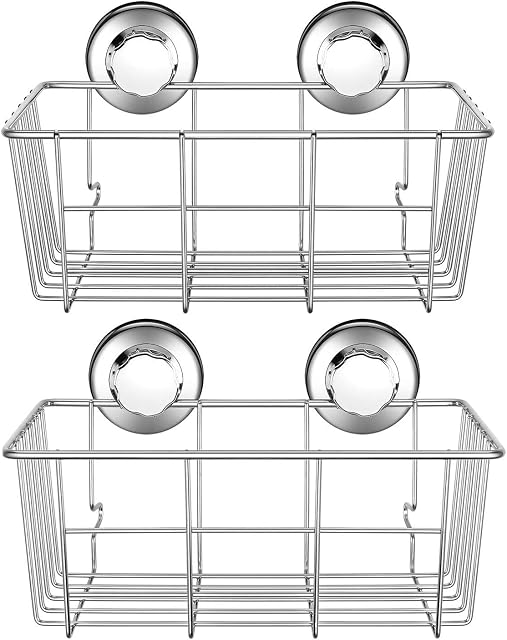 SANNO Suction Shower Caddy Shower Organiser Basket Shelf with Super Strong Suction Cups, Bath Organizer Kitchen Storage Basket for Gel Holder Bathroom Storage Shampoo, Conditioner -2 Packs