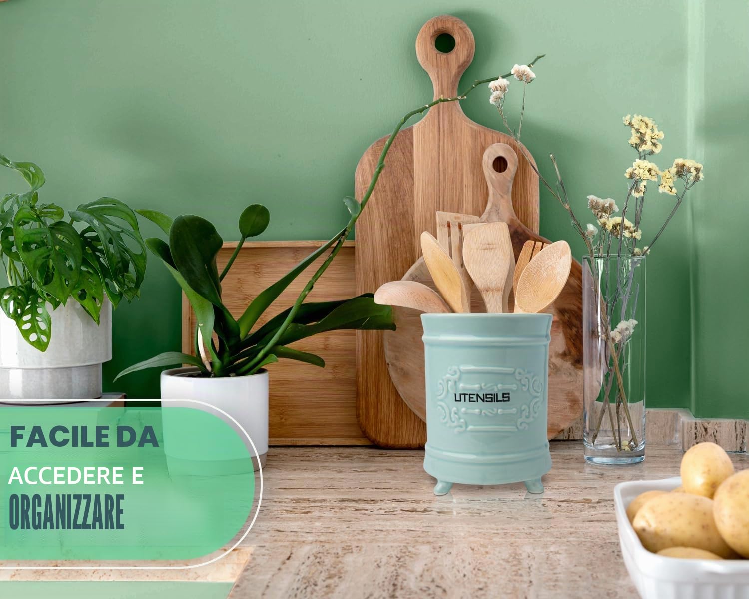 Comfify Portautensili in Ceramica Blu Francese - Organizer per Utensili in Stile Vintage e Design Antico - Rustico, per Gli Appassionati di Cucina