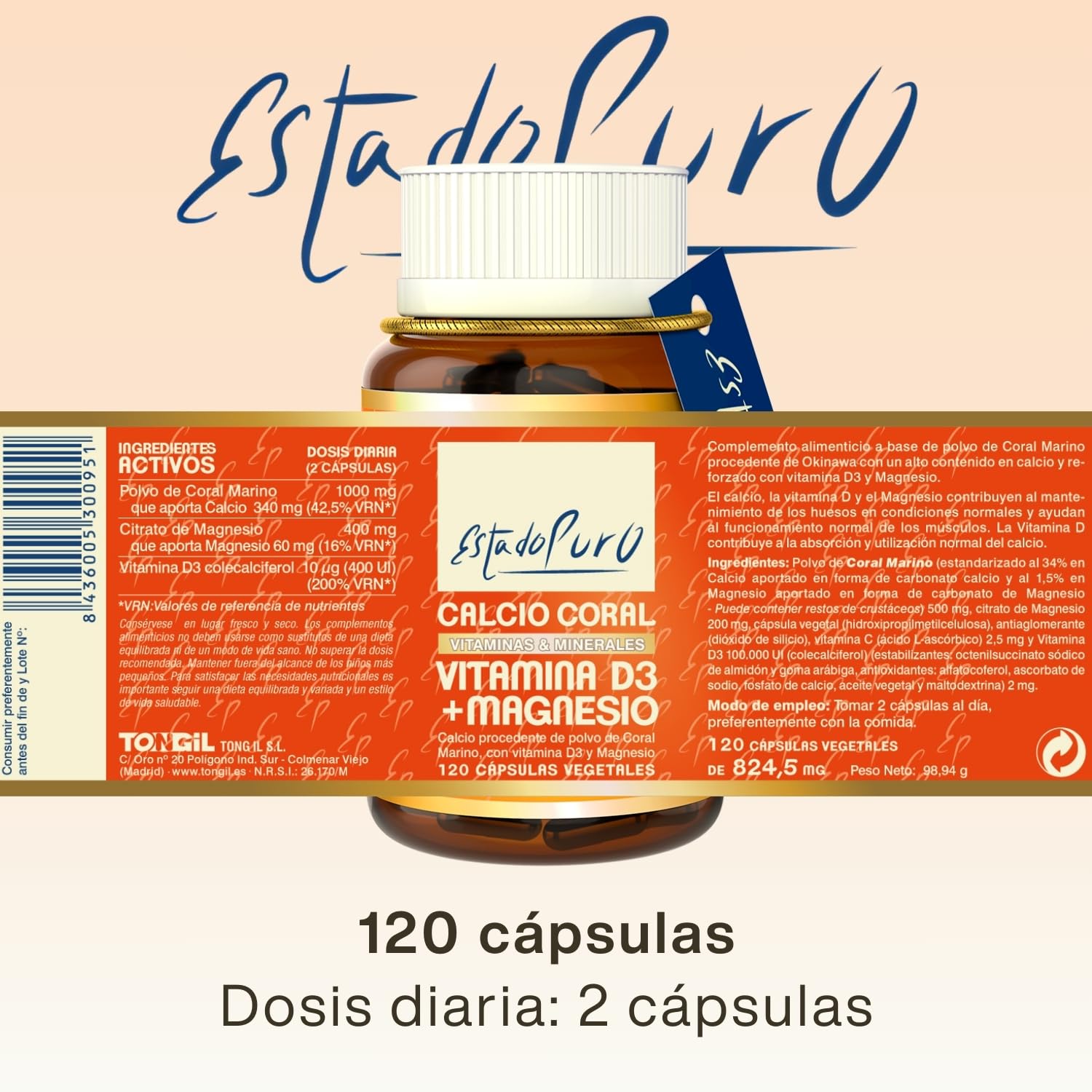 Calcio y Vitamina D Estado Puro | Calcio Coral Marino (1000 mg) + Vitamina D3 (400 UI) + Citrato de Magnesio (400 mg) | Huesos y Articulaciones Fuertes | 120 Cápsulas Vegetales de Tongil