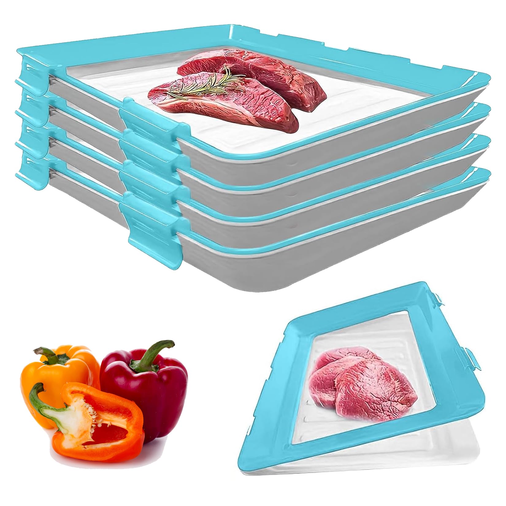 Vacuum Seal Food Storage Tray – Stackable Reusable Fresh Container with Buckle & Stretch Lid, BPA-Free Fridge Saver – 30×23cm, 1/2/3/4-Pack Options (Blue 4-pack)