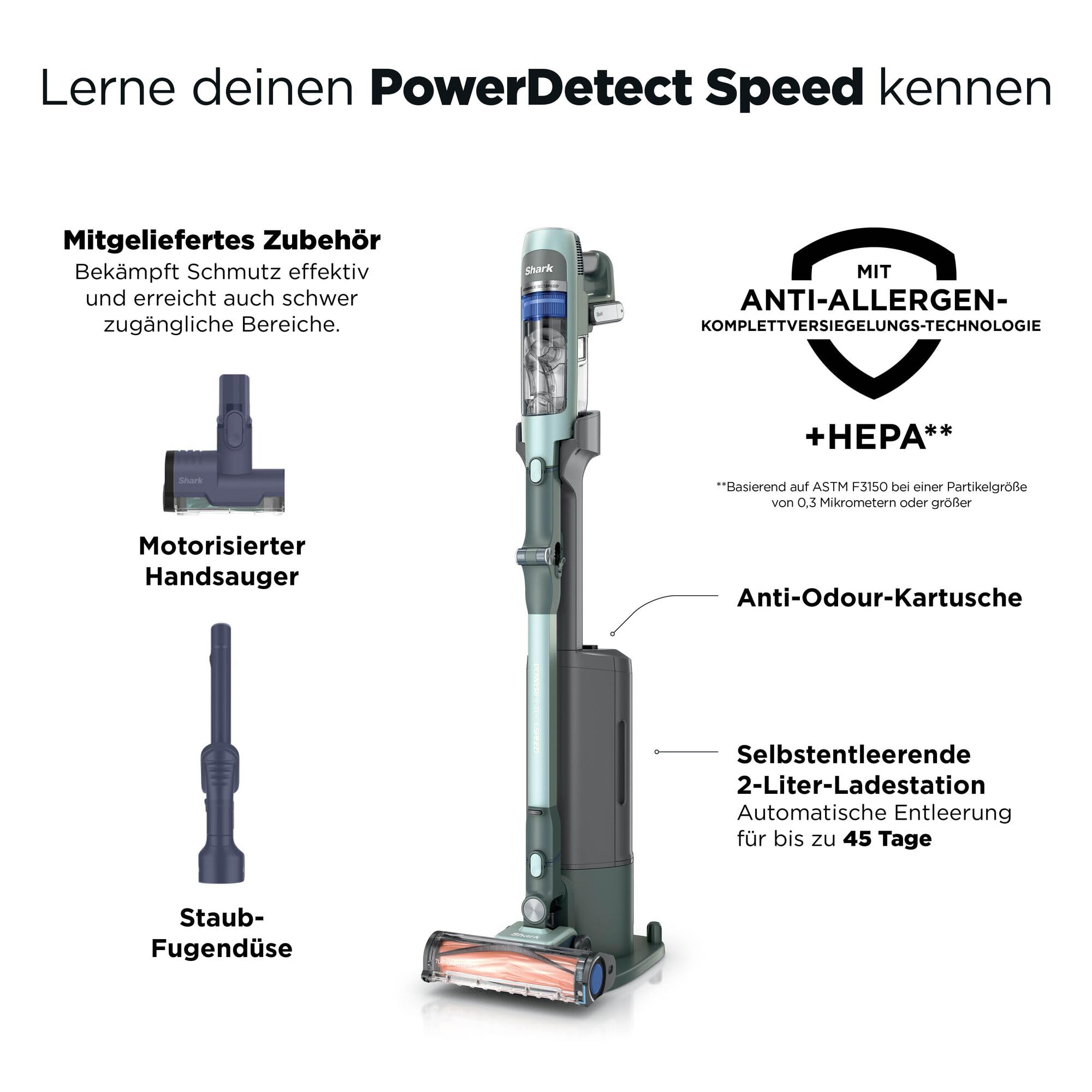 Shark Detect Speed Clean & Empty Pet Pro Akku-Staubsauger, Reverse Clean, bis zu 60 Minuten Laufzeit, inklusive selbstentleerender Ladestation und Tierhaaraufsatz, Salbeigrau IA3243EUT