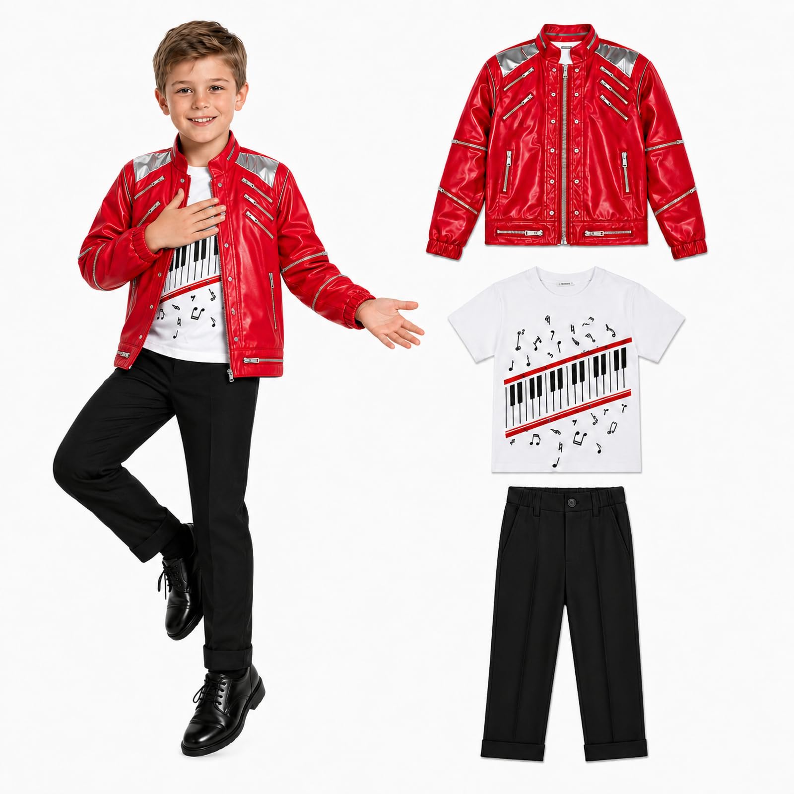 nezafly Kids Pop Star Costume Boys 80s 90s Retro Red Stage Cosplay Clothing Jacket Shirt Trousers Music Halloween Fancy Dress Dance Performance Outfits — image 1