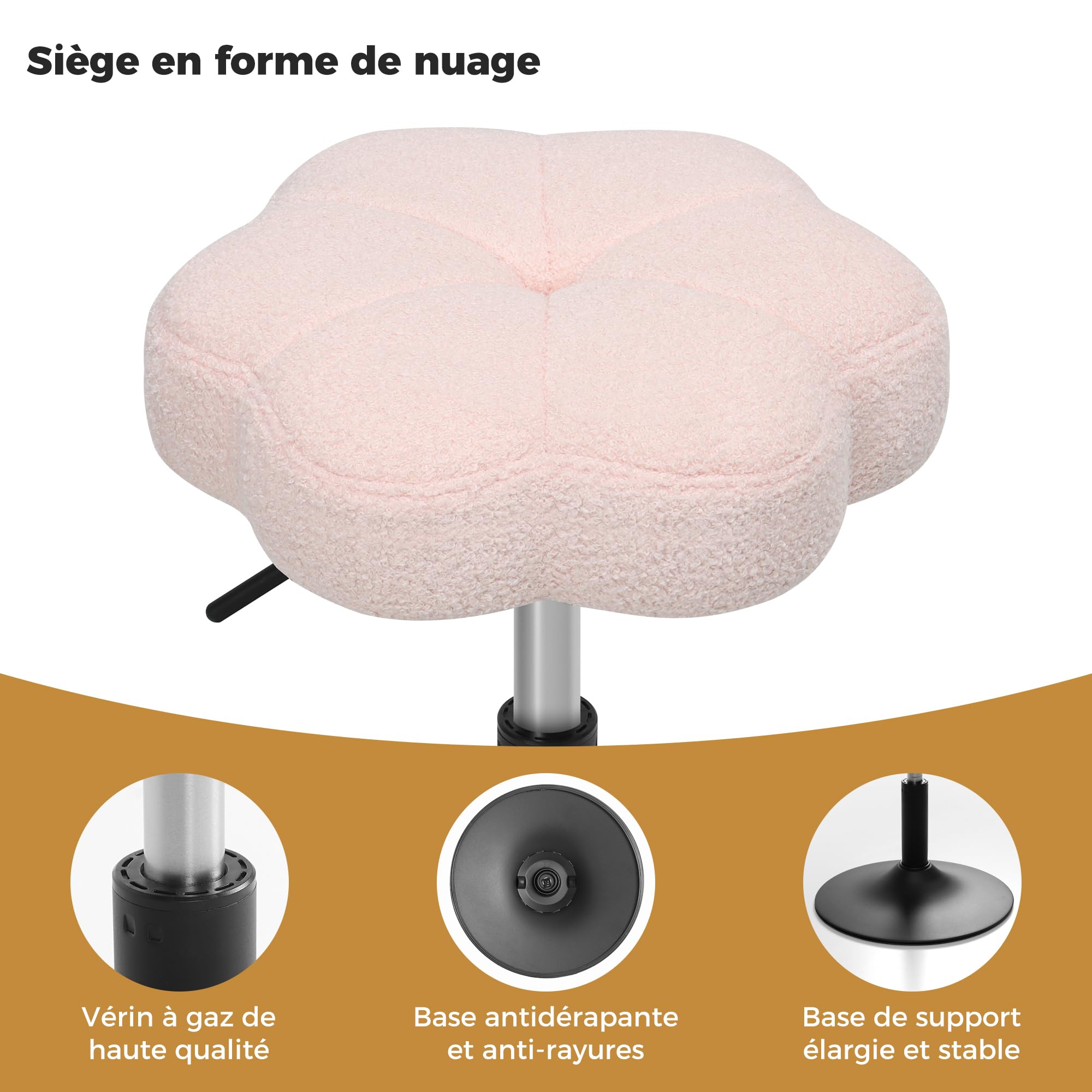 ELUCHANG Tabouret de Coiffeuse, Chaise de Maquillage, Rose Sherpa Tabouret en Forme de Pétale pour Chambre à Coucher, Salon, Bureau à Domicile, 360° Pivotant & Réglable en Hauteur