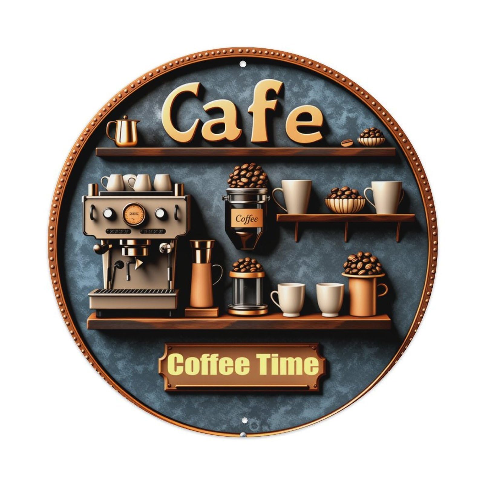 Cafe Coffee Machine Beans Cups Mugs Jar Sign Round Vintage Tin Sign,Retro Wall Art,Metal Poster for Home, Bar, Garage, Cafe, Rustic Indoor & Outdoor Decor, 8x8 Inches
