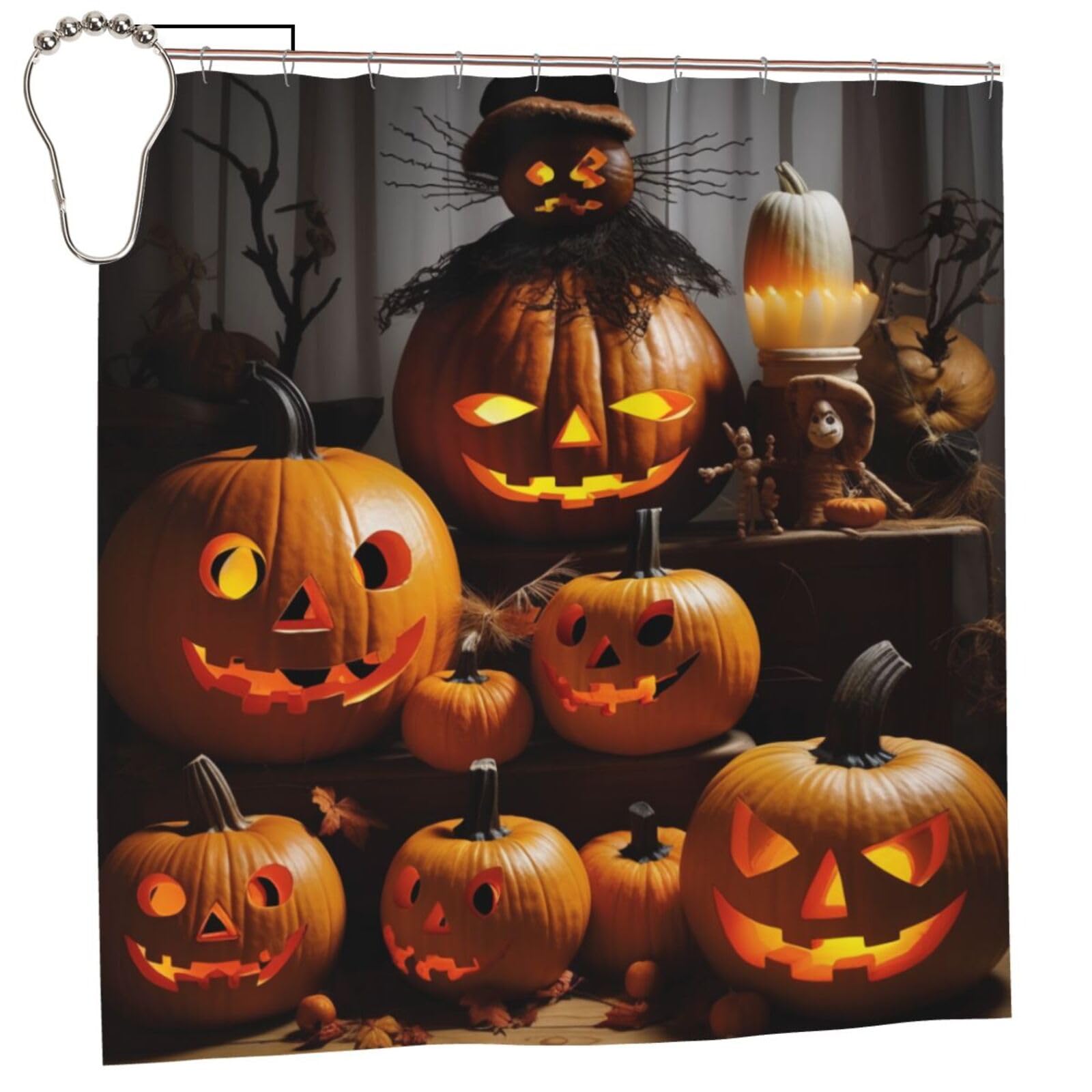 BWWHCCTI Halloween Pumpkins Printed Shower Curtain With 12 Iron Hooks Opaque Quick Drying Waterproof Shower Curtains Sets For Bathroom 183x183 CM