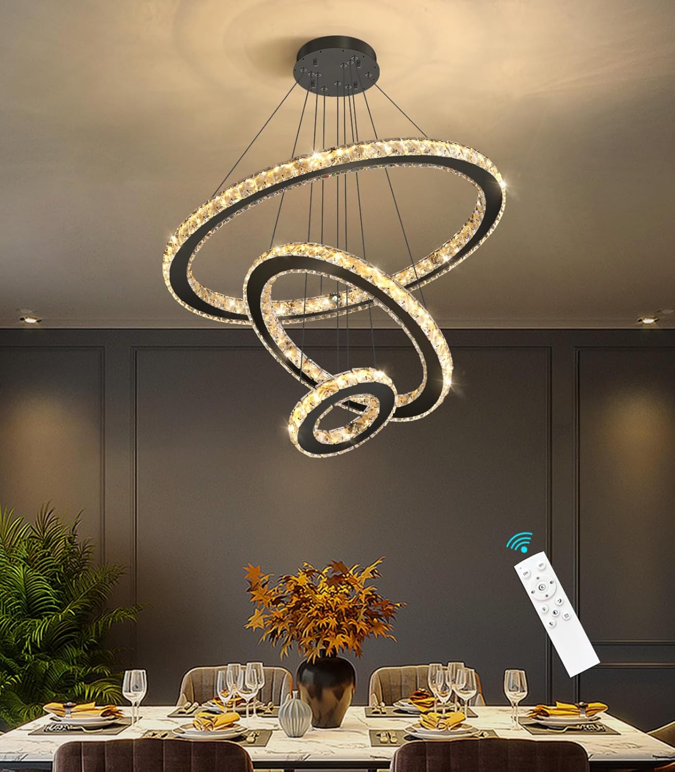 Modern Crystal Chandelier Dimmable LED Ceiling Light Fixture 3 Ring Adjustable Stainless Steel Chandeliers for Dining Room Living Room Bedroom Black