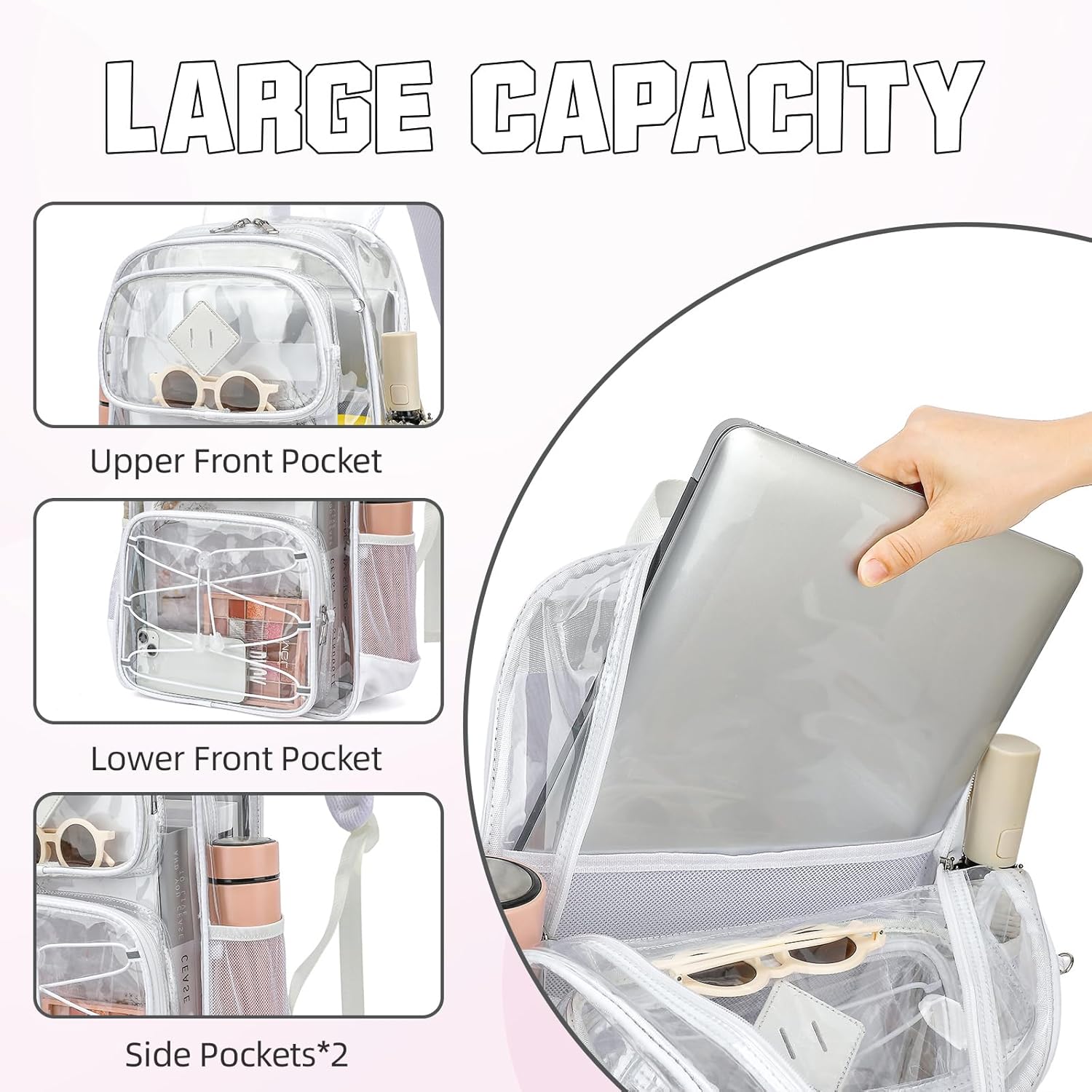 Clear Backpacks for Girls Women, Heavy Duty PVC Transparent Back Pack See Through Boys Kids Clear Bookbags for School White - Image 3