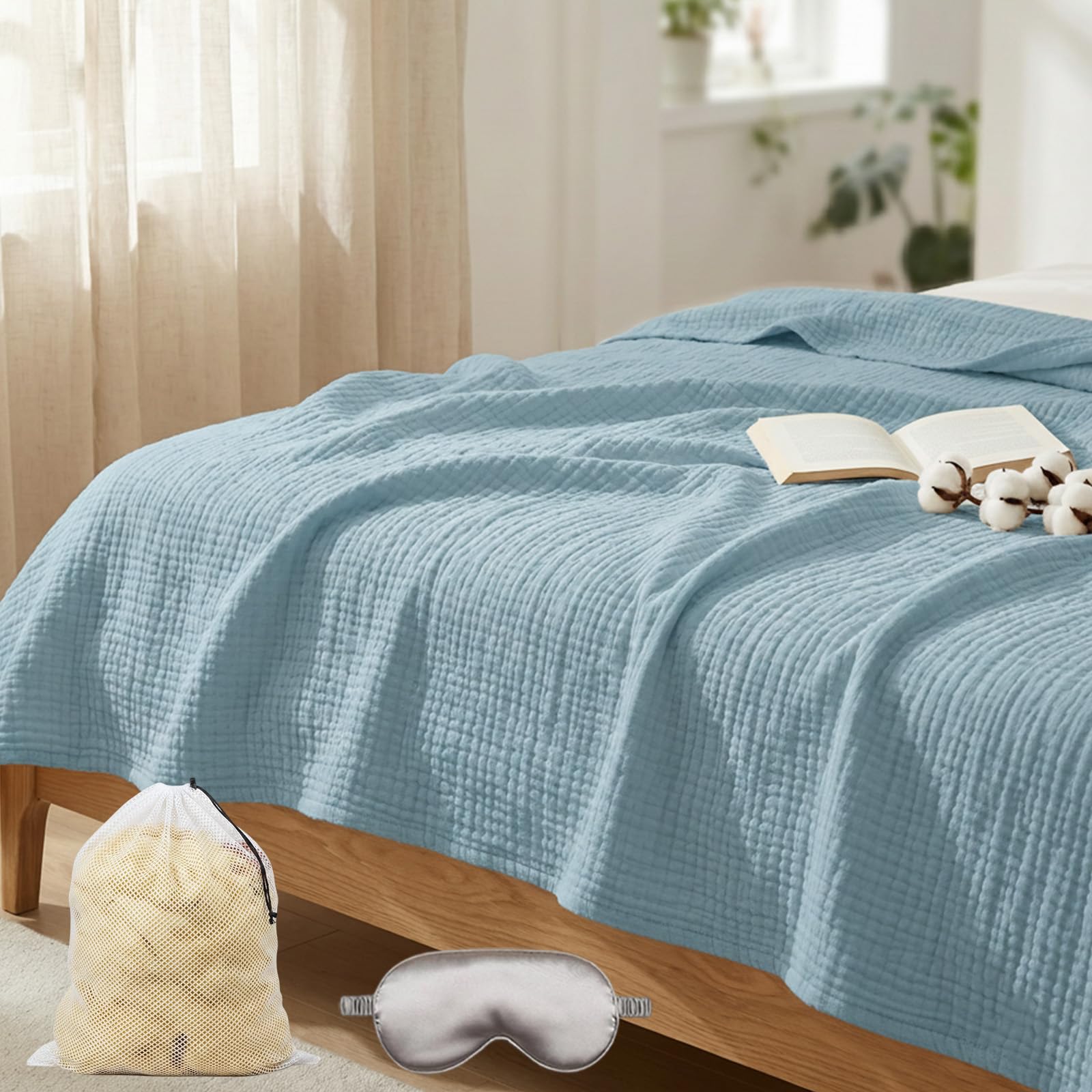 Alpenfaser Musselin Decke 150 x 200 Sommerdecke Erwachsene (Himmelblau,150×200 cm)