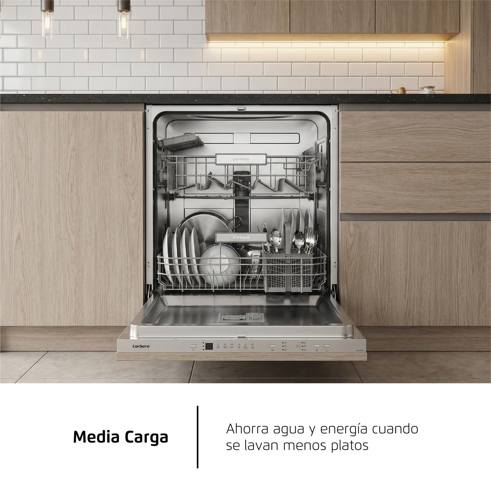 Corberó - Lavavajillas integrable 60 cm | CLVM8626I | 13 cubiertos | 6 programas | Tercera bandeja mini | Función ECO| Media Carga| Función 3 en 1 | Auto Apertura | Inox