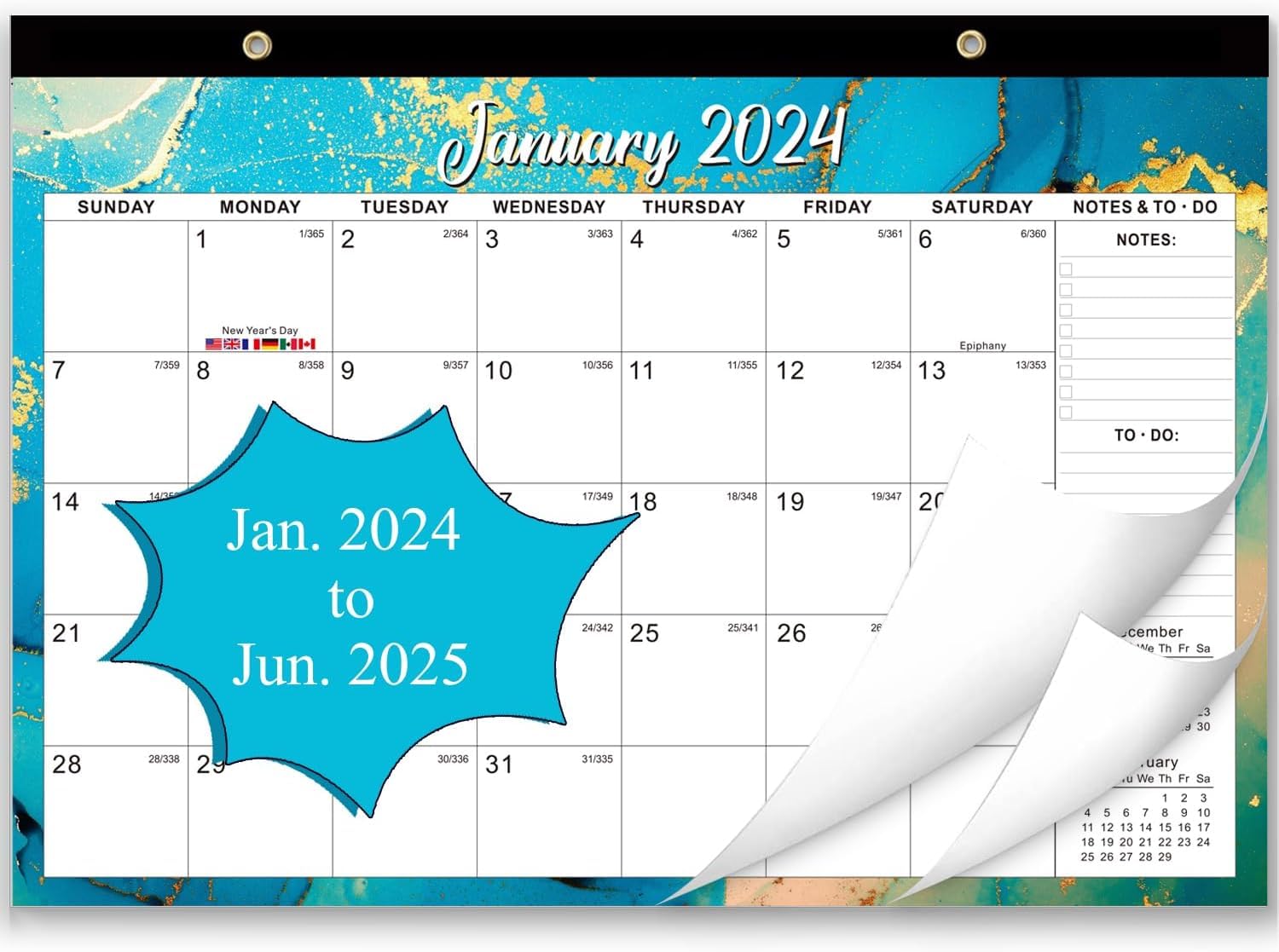 YiringEve Desk Calendar 2024, Wall Calendar Jan. 2024 - Jun. 2025 Large Planning Calendars 17" X 12 "Six Elements Blotter Paper With Holidays and Vacation Reminders, Good for Keeping Important Dates A