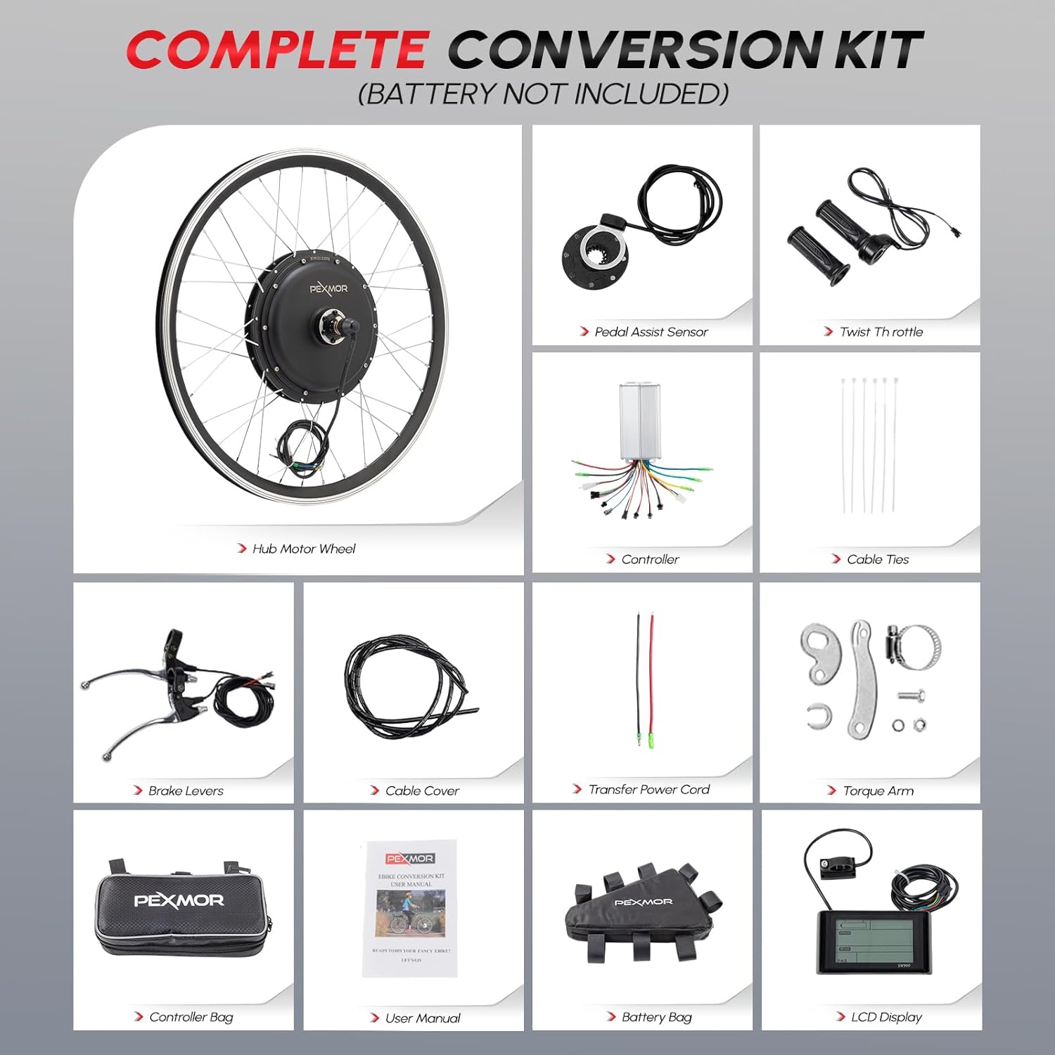 All components of the PEXMOR Electric Bike Conversion Kit laid out, including the hub motor wheel, controller, LCD display, twist throttle, brake levers, pedal assist sensor, torque arm, cable ties, cable cover, transfer power cord, controller bag, battery bag, and user manual.