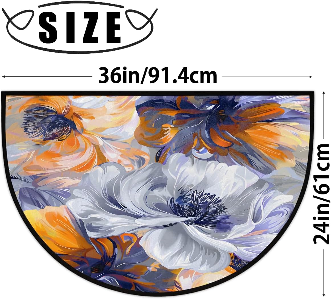 Half Round Door Mat Flower Colorful Art Half Moon Rug Washable Half Circle Area Rugs Indoor Entrance Non Slip Semi Circle Bathroom Rugs Floor Carpet for Kithen Bedroom Fireplace Decor