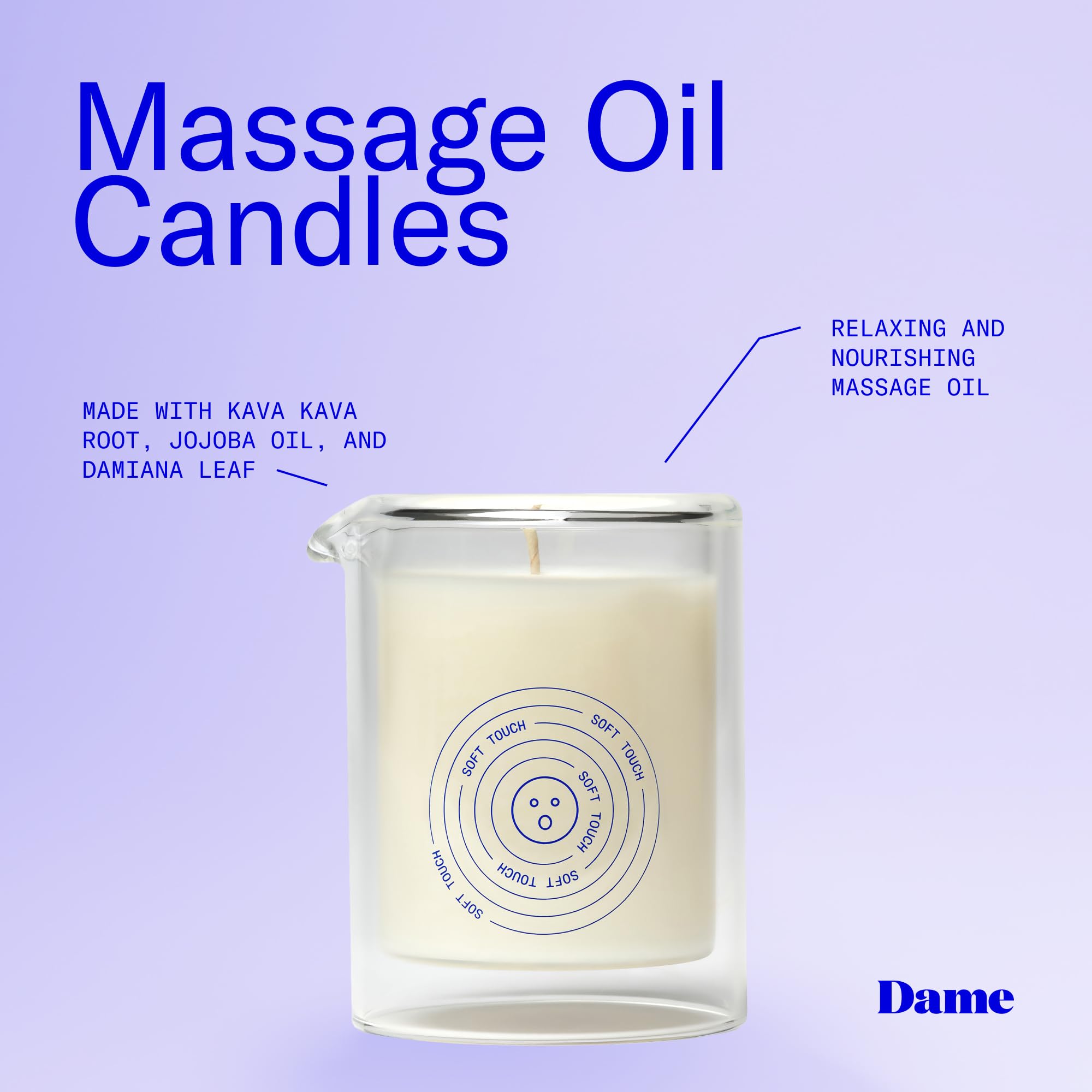 Dame Products Candela all'olio da massaggio, candela vegetale per pelle e corpo per massaggio rilassante, candela per aromaterapia idratante e calmante con kava kava, vegana, atossica, benzoino, legno