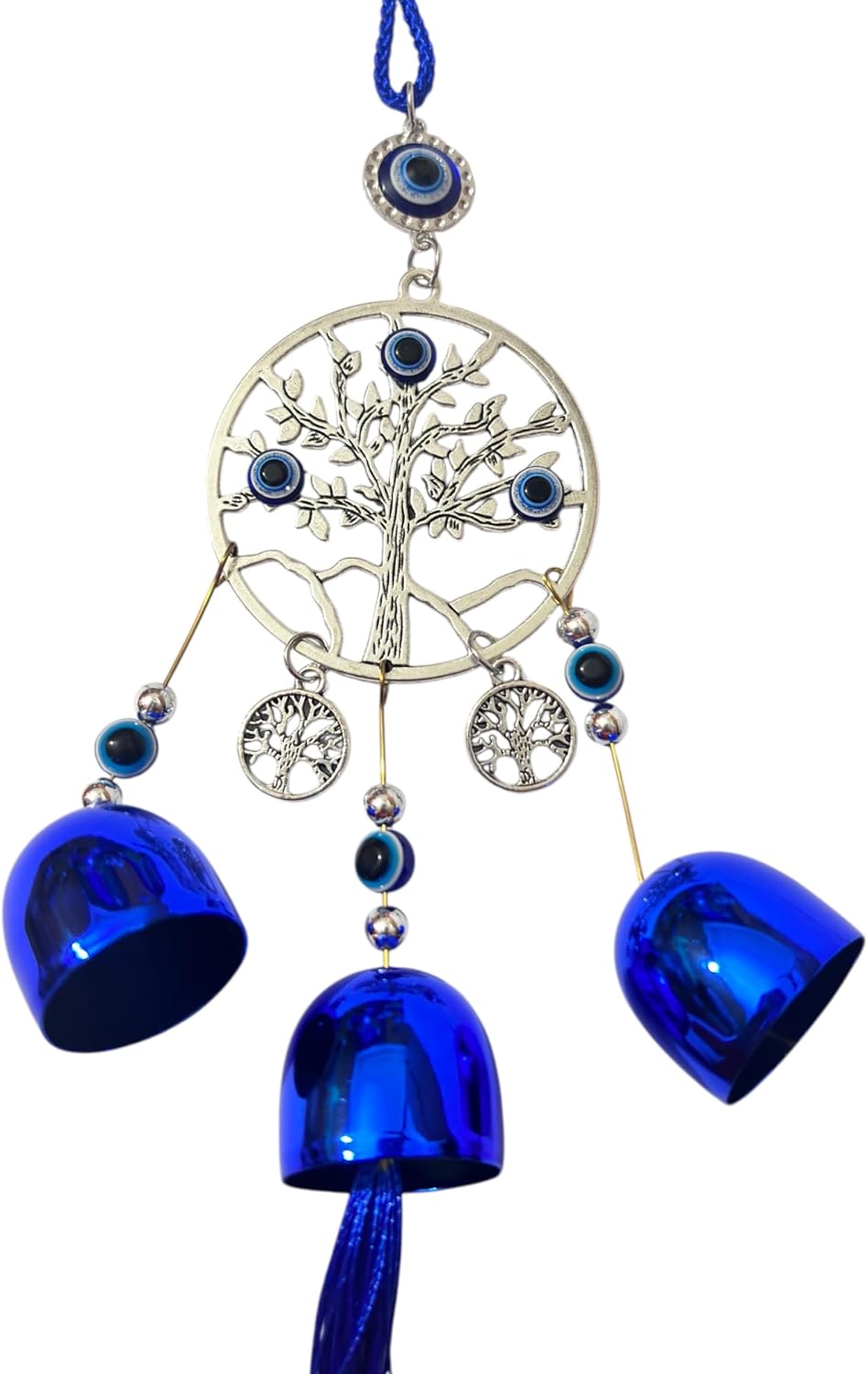 Tree of Life Evil Eye Wall Hanging, Blue Bells Wind Chime with Tassel, Silver Metal