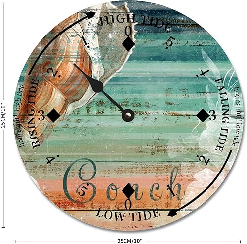 Miniatura 3 de Vintage Conch Tide Clock Ocean Time Nautical Wood Tidal Clock with High Tide Low Tide Non-Ticking Tide Clock 10in Wall Tide Movement Clock for Wall