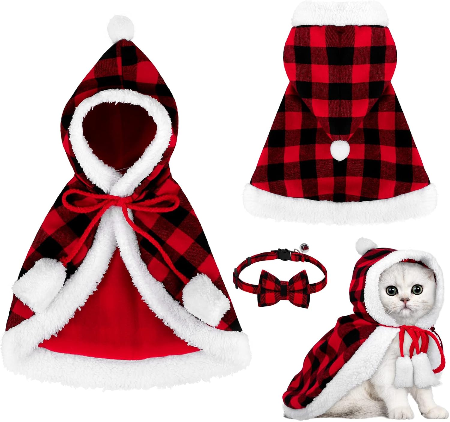 Pedgot Christmas Cat Dog Costume Red Black Buffalo Plaid Pet Santa Cape with Xmas Hat Cat Collar with Bell and Bowtie Cat Cloak Pet Costume for Party Cosplay Christmas Pet Dress Up (Large)