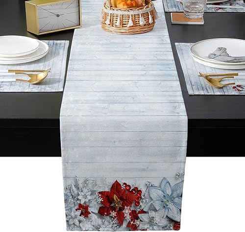 Red Christmas Flower Table Runner with Placemats Set of 4, Cotton Linen Kitchen Dining Mats Non-Slip Long Table Cover 13"x90" Farmhouse Wood Grain Red Christmas Flower Table Runner with Placemats Set of 4, Cotton Linen Kitchen Dining Mats Non-Slip Long Table Cover 13"x90" Farmhouse Wood Grain