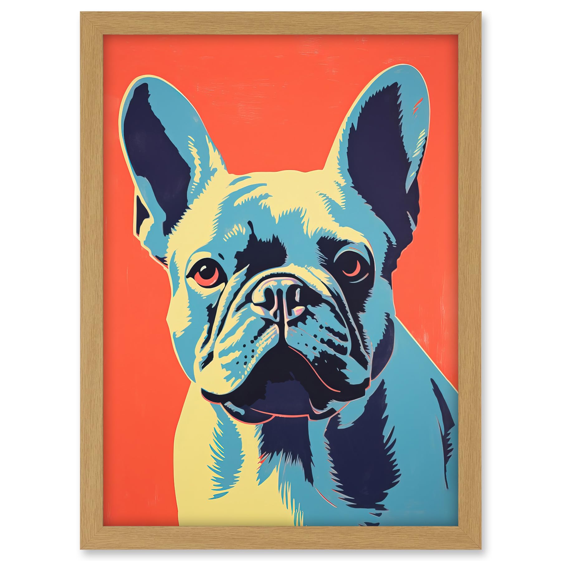 Artery8 French Bulldog Colour Block Artwork Coral Orange Blue Vibrant Pet Portrait Cute Artwork Framed A3 Wall Art Print