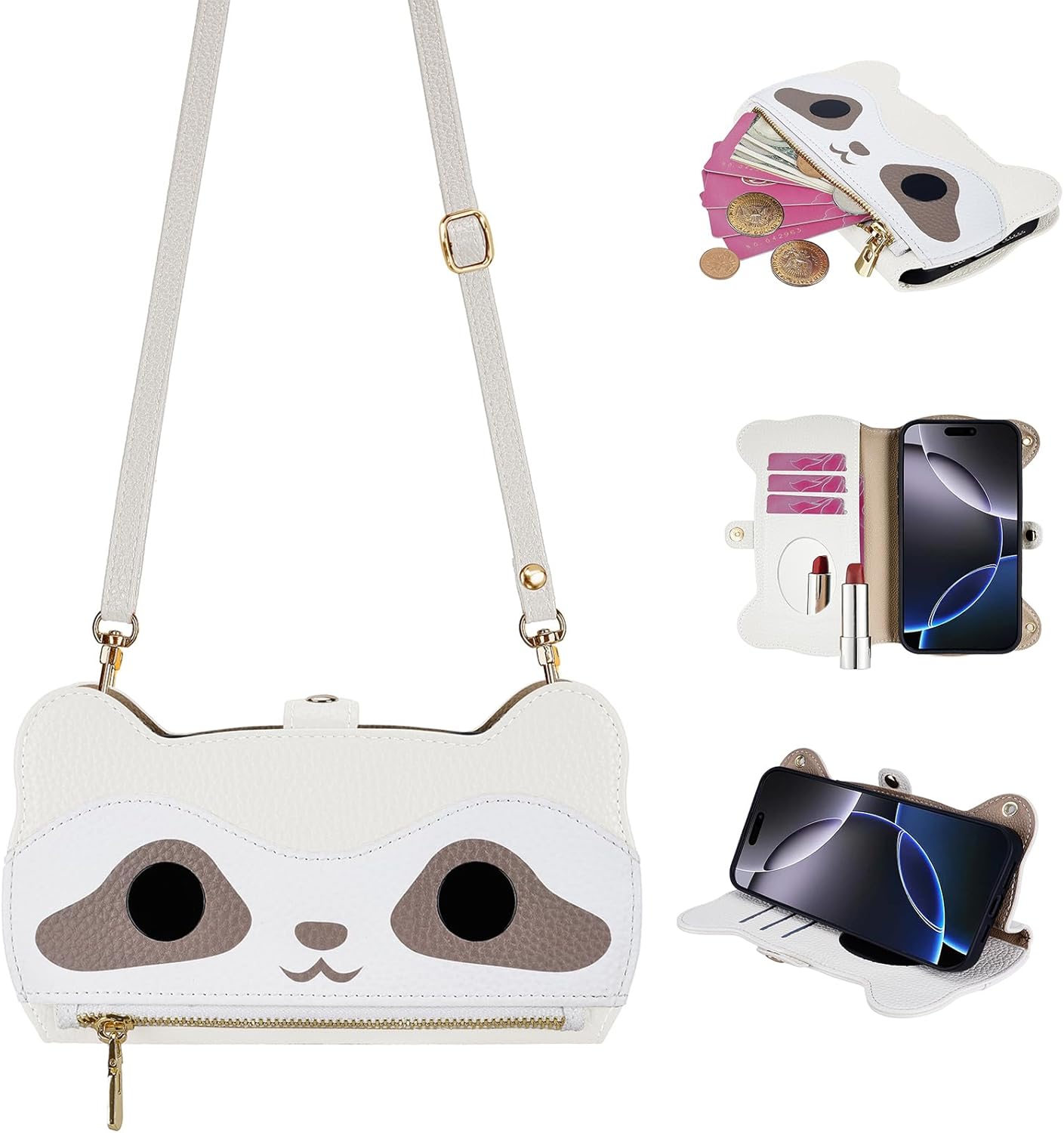 Crossbody Wallet Case for iPhone 15 Leather Flip Cases with Card Holder&Hidden Mirror&Shoulder Strap Zipper Magnetic Kickstand Shockproof Raccoon's Cover for Women(Purple)