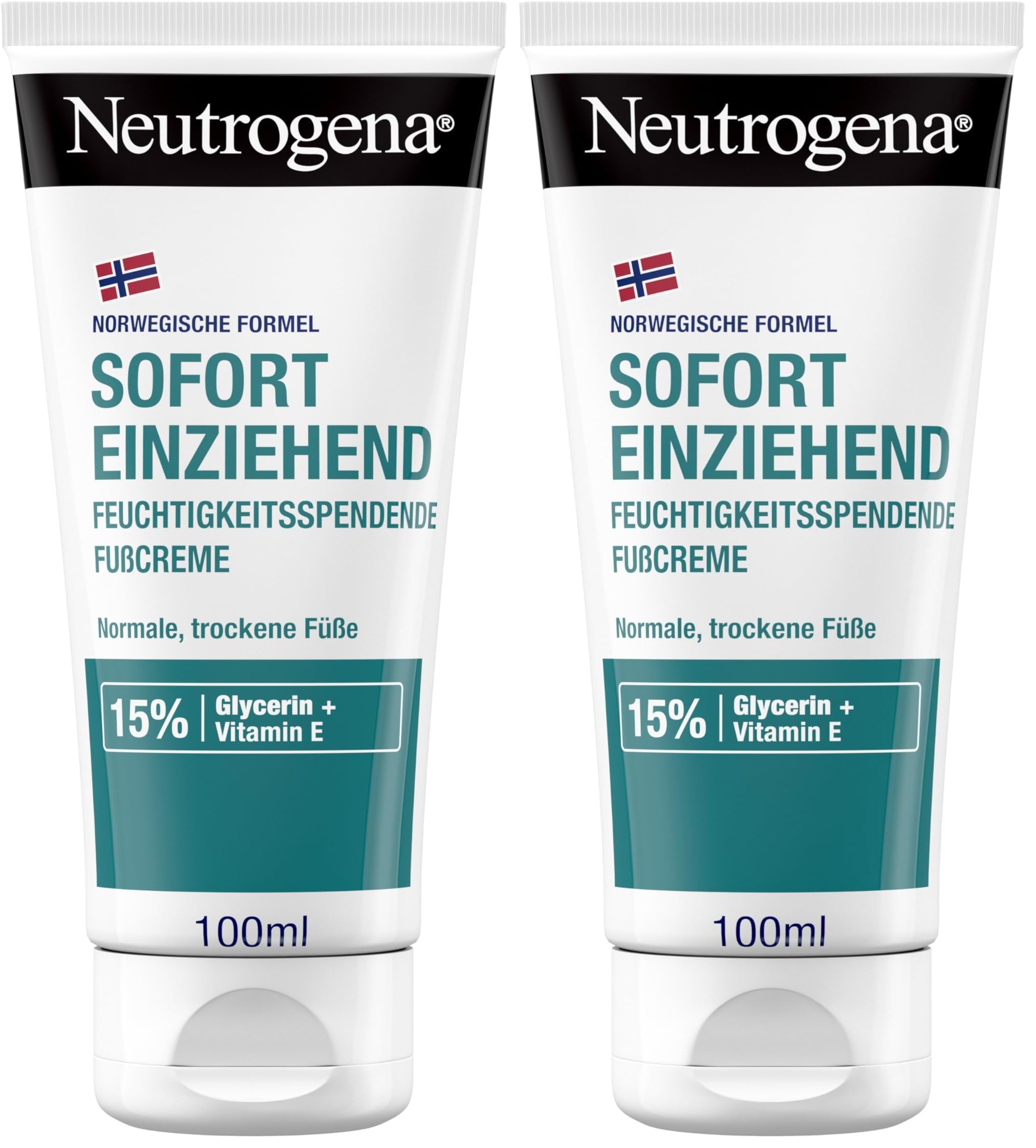 Neutrogena Sofort einziehende Fußcreme, feuchtigkeitsspendende Fußpflege Creme mit 15% Glycerin + Vitamin E, Norwegische Formel Feuchtigkeitscreme für normale & trockene Füße (100 ml) (Packung mit 2)