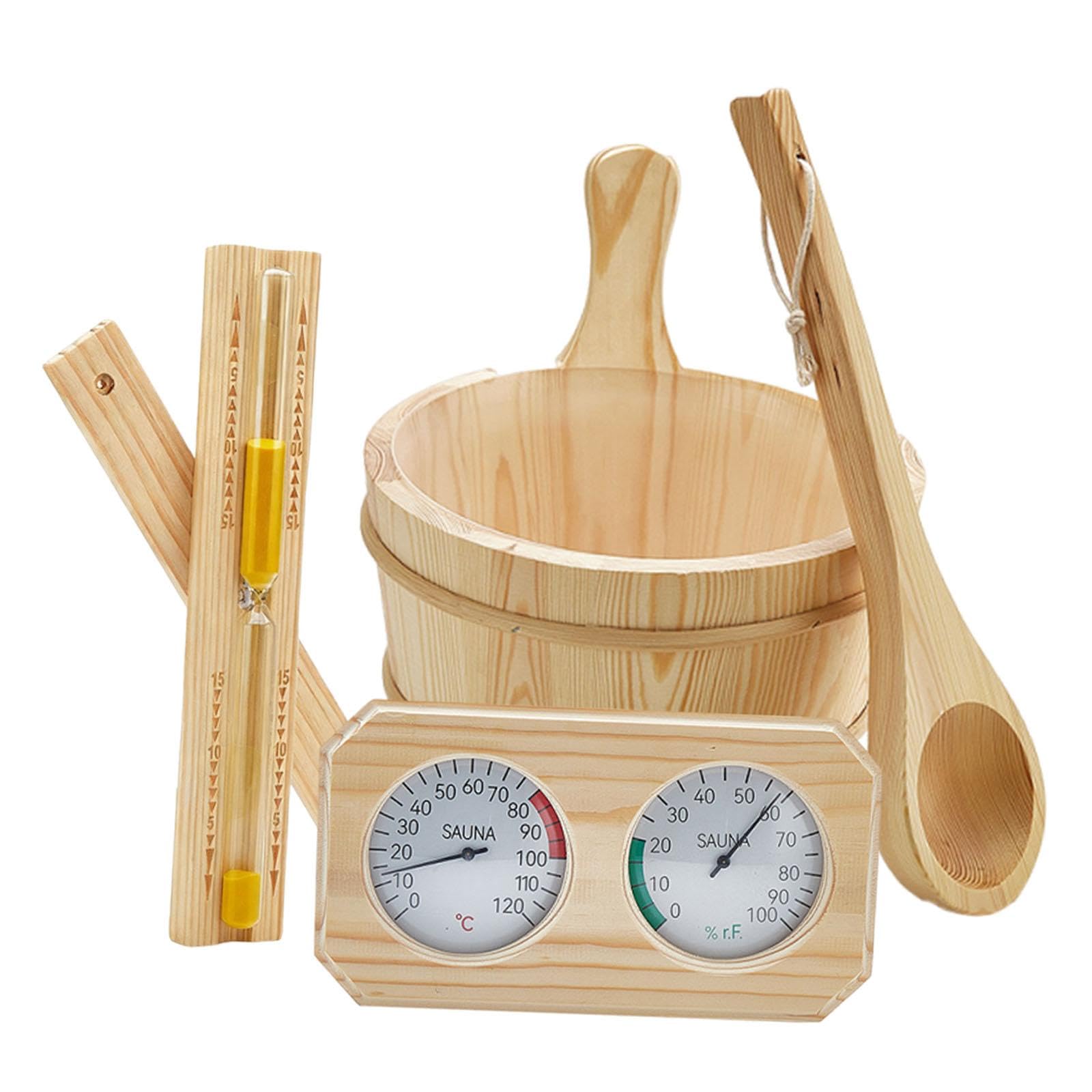 MagiDeal Kit Accessoires Sauna, Seau 4 L avec Poignée, Thermomètre Hygromètre, Louche, Sablier, Bois de Pin