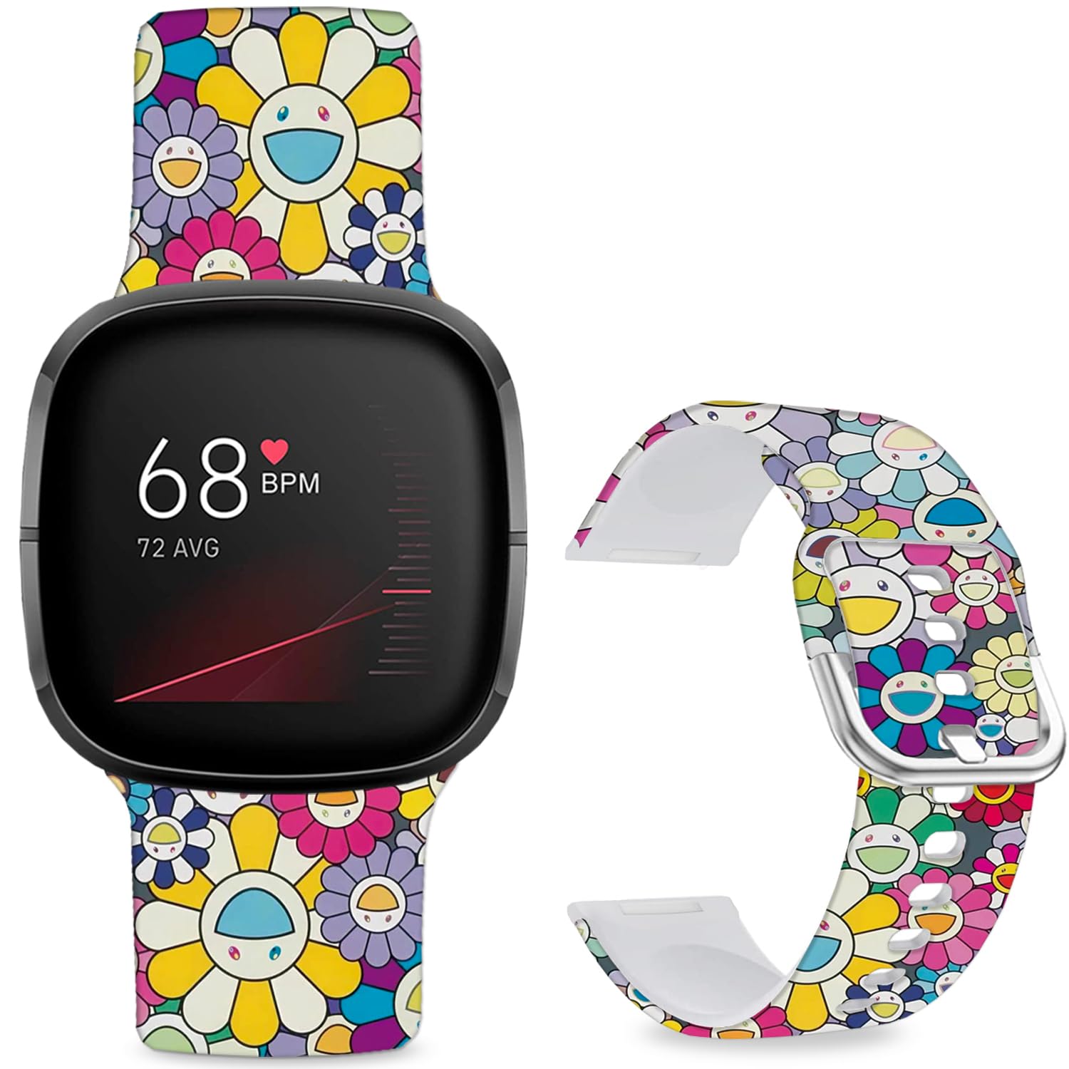 Leotop Pattern Printed Soft Silicone Replacement Bands Compatible with Fitbit Versa 4/ Fitbit Versa 3/ Fitbit Sense 2/Fitbit Sense for Women Men Teens. (Smiling Flower)