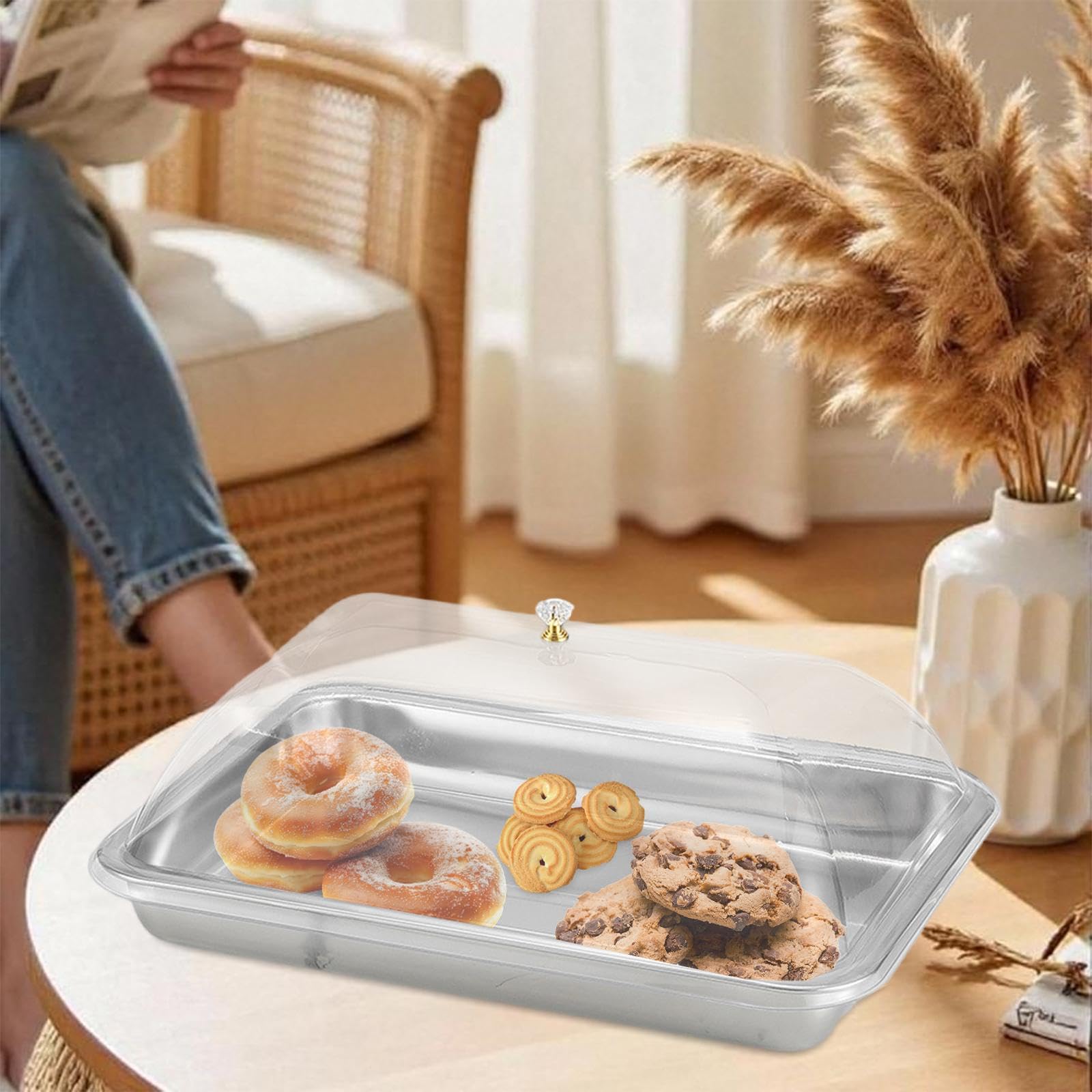 Baoblaze Vassoio da portata in acciaio inossidabile con coperchio a cupola, vassoio da portata rettangolare antipolvere per alimenti, per sala da pranzo, 40x30x5 Cm