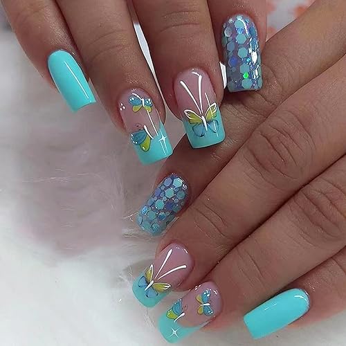 Uñas postizas medianas a presión tipo ataúd, uñas postizas cuadradas con punta francesa, color azul, verde, diseño de mariposa, uñas artificiales