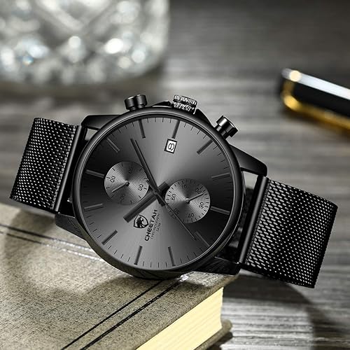 Vista 4 de GOLDEN HOUR - Reloj de moda para hombre, elegante, minimalista, de cuarzo, analógico, malla de acero inoxidable, impermeable, cronógrafo