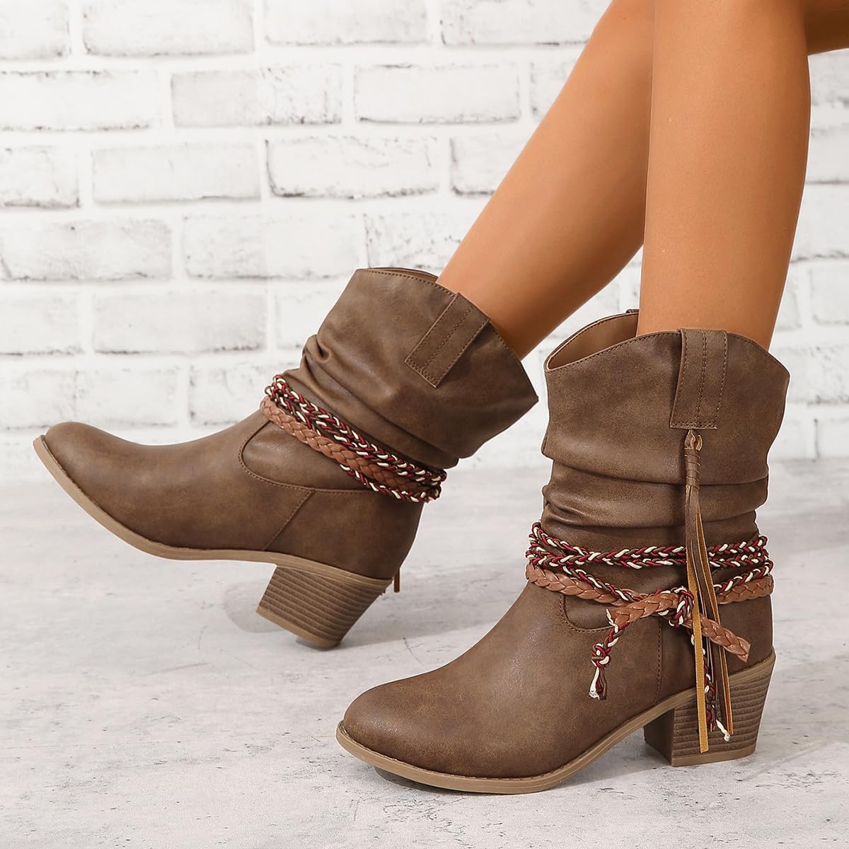 Women's Ankle Boots Chunky Heel Ankle Booties with Side Tassel Strap and Braided Rope Tie Vintage Western Boots for Ladies - Bohemian, Casual, Formal Outfits