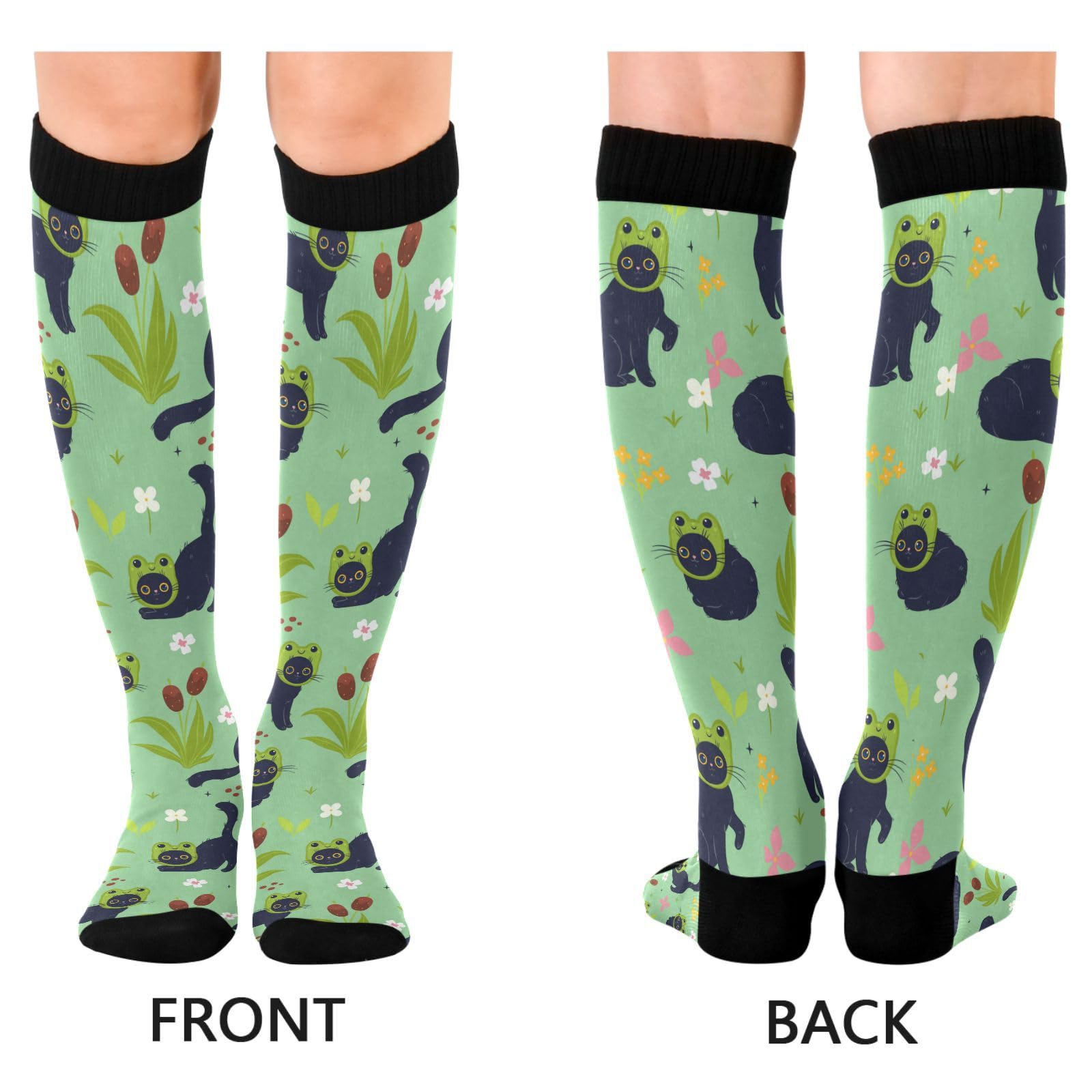 Compression Socks for Men Women Circulation Sport Knee High Socks Support for Athletic Running Hiking Cycling Fitness Travel Nurse Cute Cats Frog Hats Green