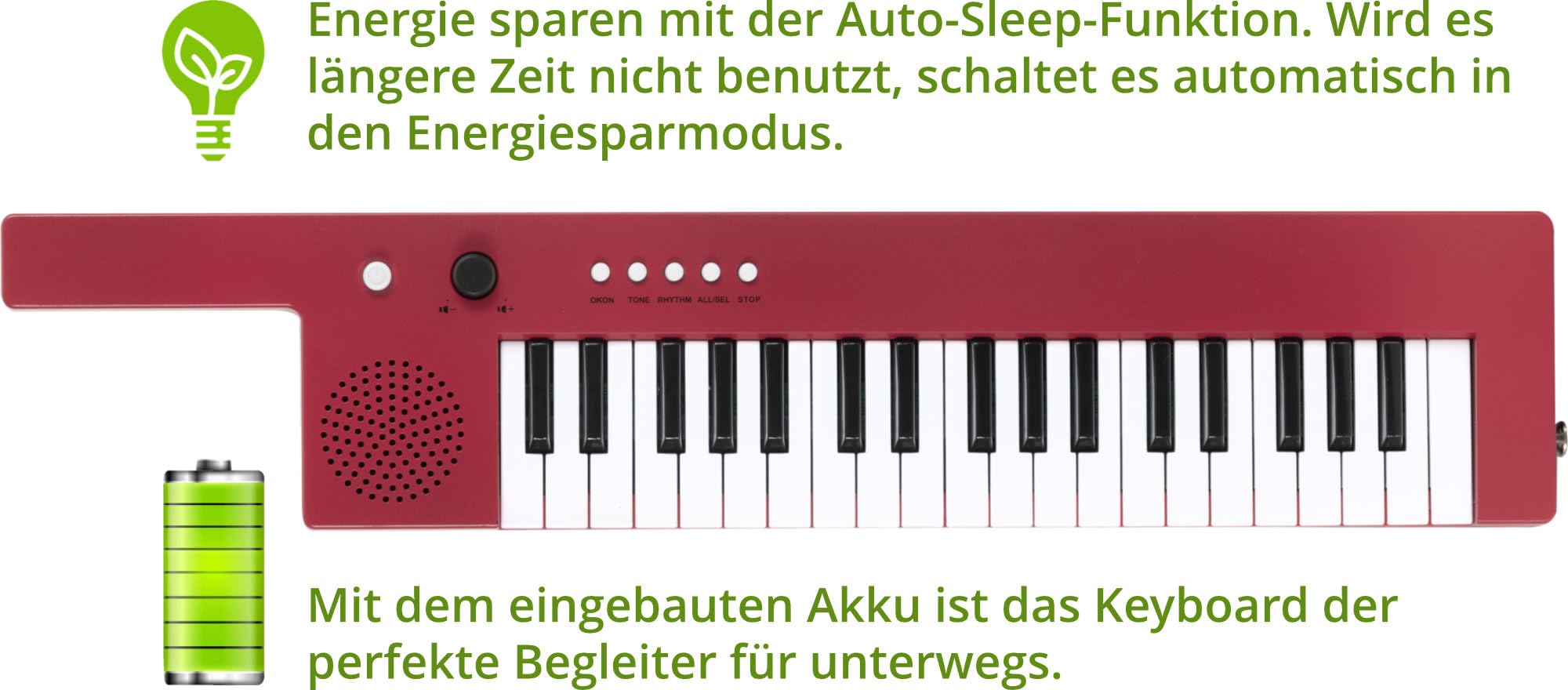 McGrey KT-3712 Kinderkeyboard - 37 Tasten - Keytar inklusive Tragegurt und Mikrofon - Betrieb über Akku und USB-Netzteil möglich - 4 Klangfarben, 4 Begleitrhythmen und 10 Demosongs - Rot