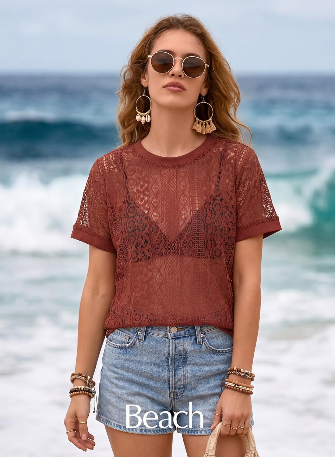 EVALESS Womens Spring Summer Tops Casual Lace Tops Crewneck Short Sleeve Shirts Cut Out T Shirts Sheer Crochet Beach Cover Up - Image 6