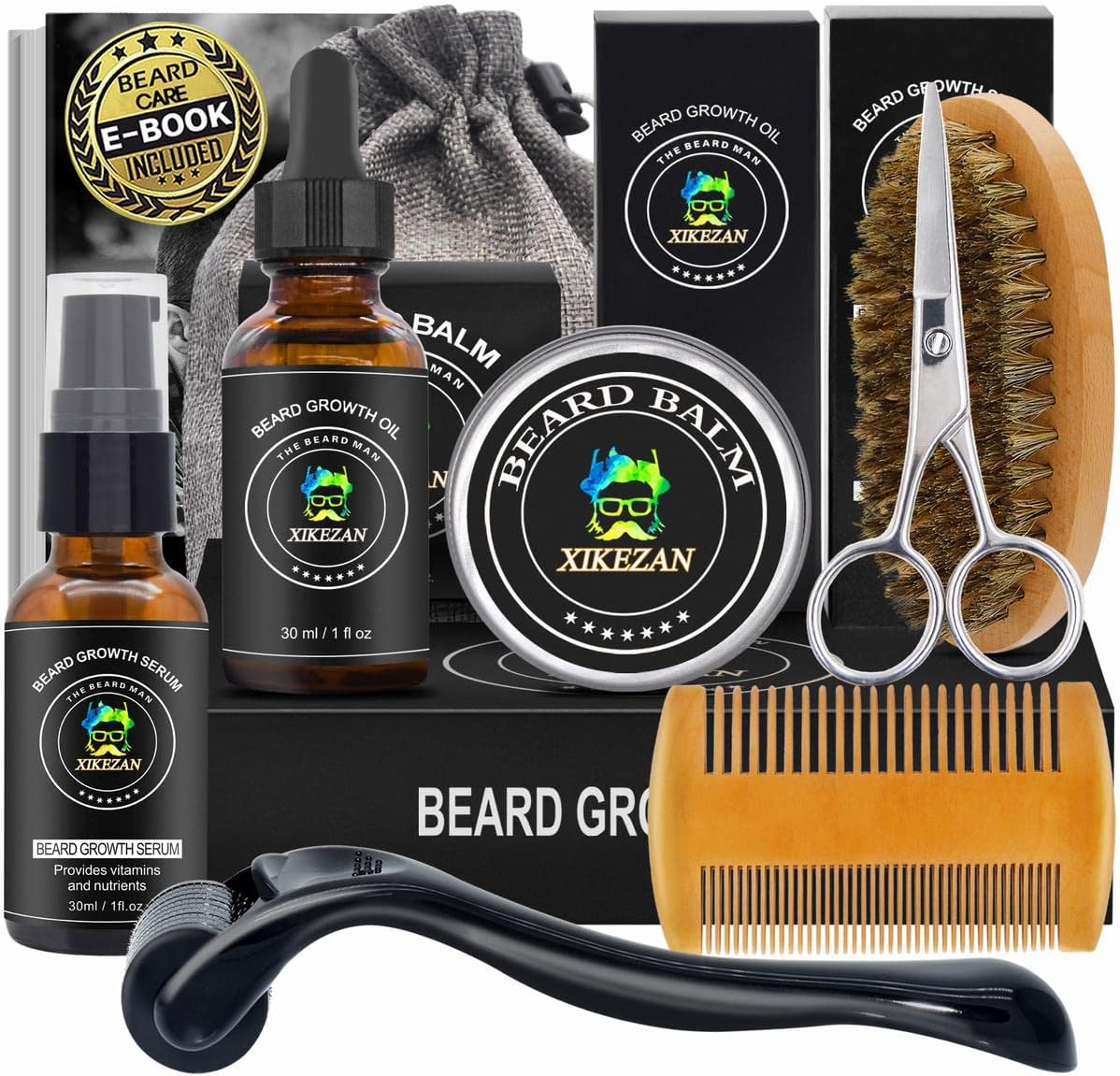 Beard Growth Kit w/Beard Wash,2 Pack Beard Growth Serum,Beard Growth Oil,Beard Balm,Comb,Brush,Scissor,Bag,E-Book,Beard Care Grooming Kit Christmas Stocking Fillers Gifts for Men Him Dad Husband