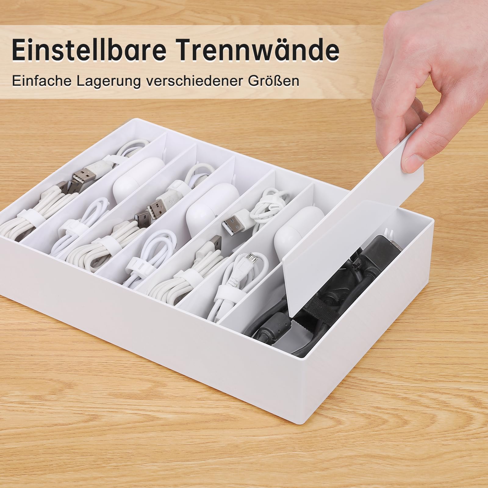 PAVSTINE Datenkabel-Organizer ohne Abdeckung Großer 2er-Pack, Kabelbox Weiß mit Verstellbaren Fächern, Kabel Organizer mit 14 Kabelbindern zur Aufbewahrung von Schreibwaren, Batterien und Ladekabeln