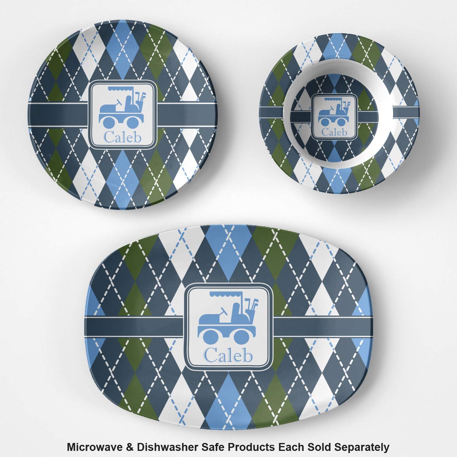 Personalized Blue Argyle Plastic Bowl - Microwave Safe - Composite Polymer