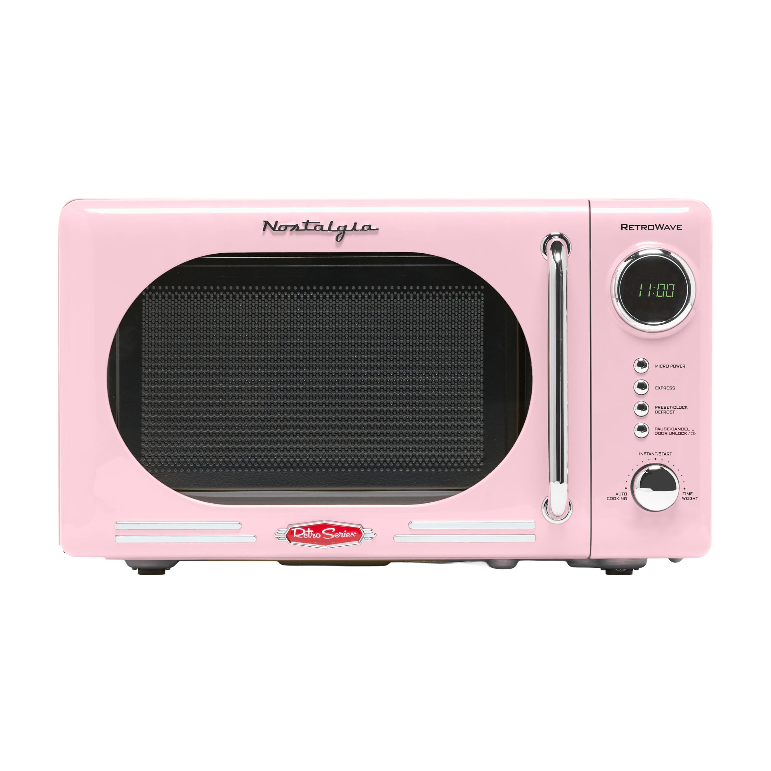 Nostalgia Countertop Microwave Oven with Easy Clean Interior - Retro Microwave with LED Display &amp; Child Lock- Compact 0.7 Cu. Ft. Oven With 12 Pre-Programmed Settings for Quick Cooking- 700-Watts-Pink