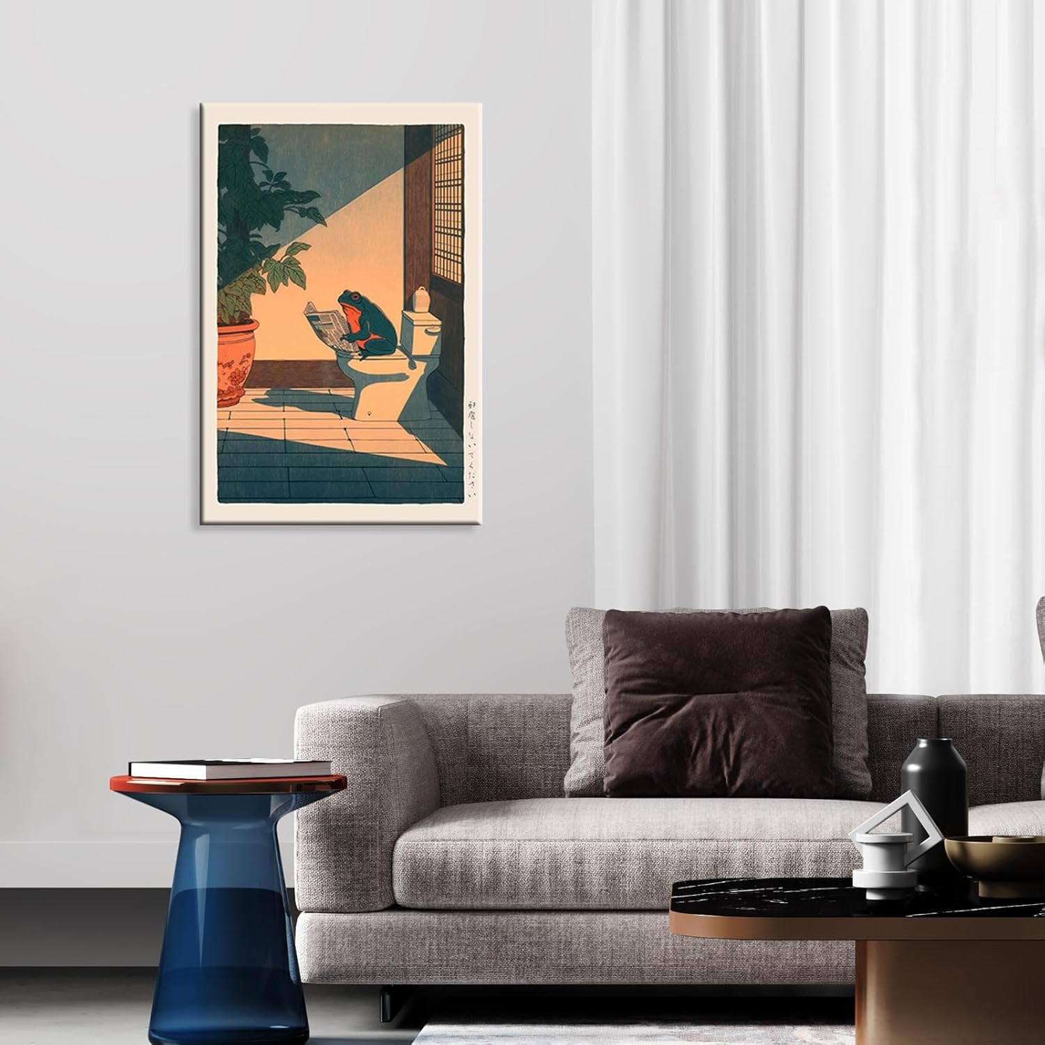 Vintage Frog Bathroom Canvas Wall Art Funny Frog Sitting On The Toilet Reading Newspaper Poster Cute Japan Animal Plants Aesthetic Prints For Home Dorm Toilet Wall Decor 16x24in Framed