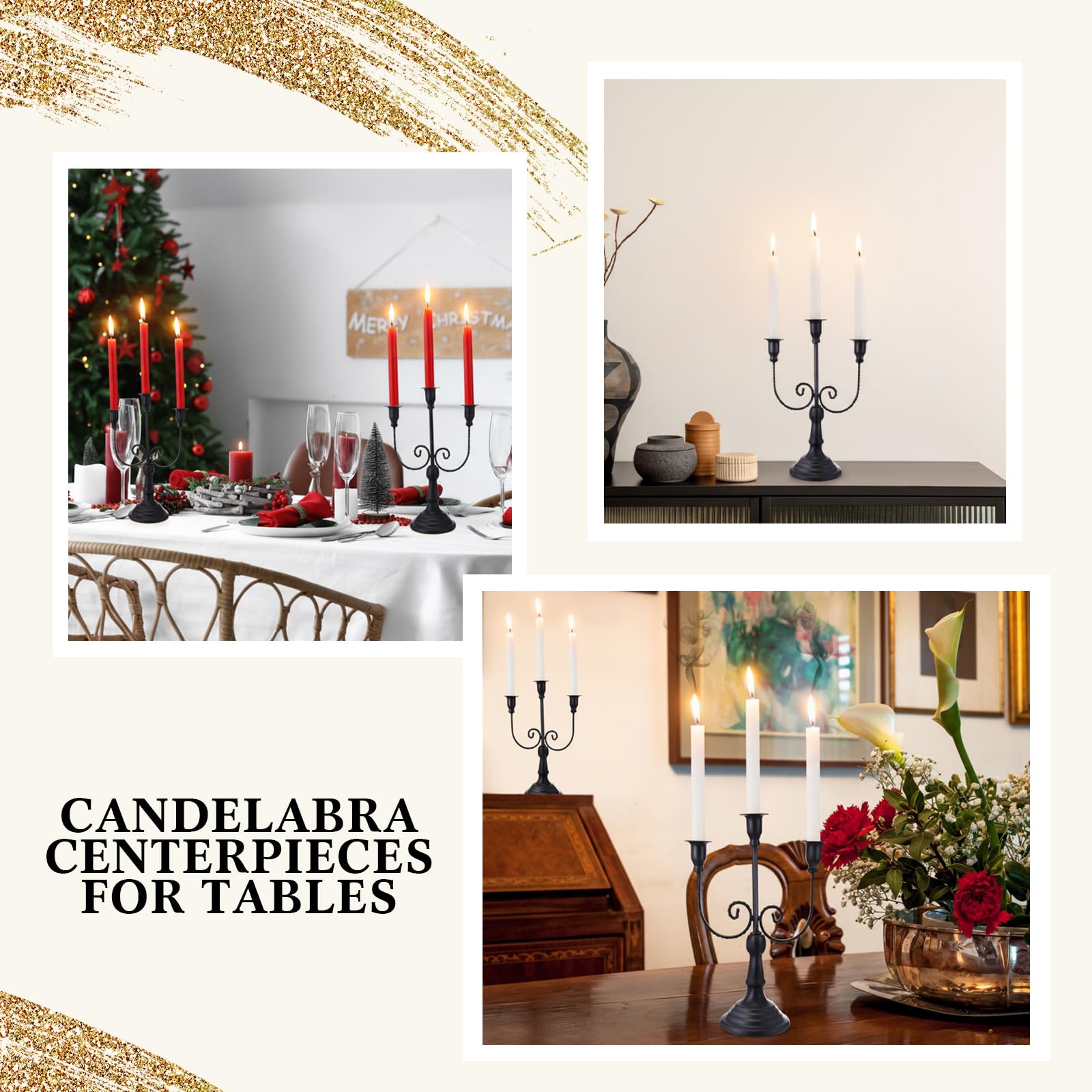 Dandat 3 candelabri in metallo a 3 bracci, in stile gotico, per casa, matrimonio, chiesa, feste di Natale (retrò, 30 cm, nero)