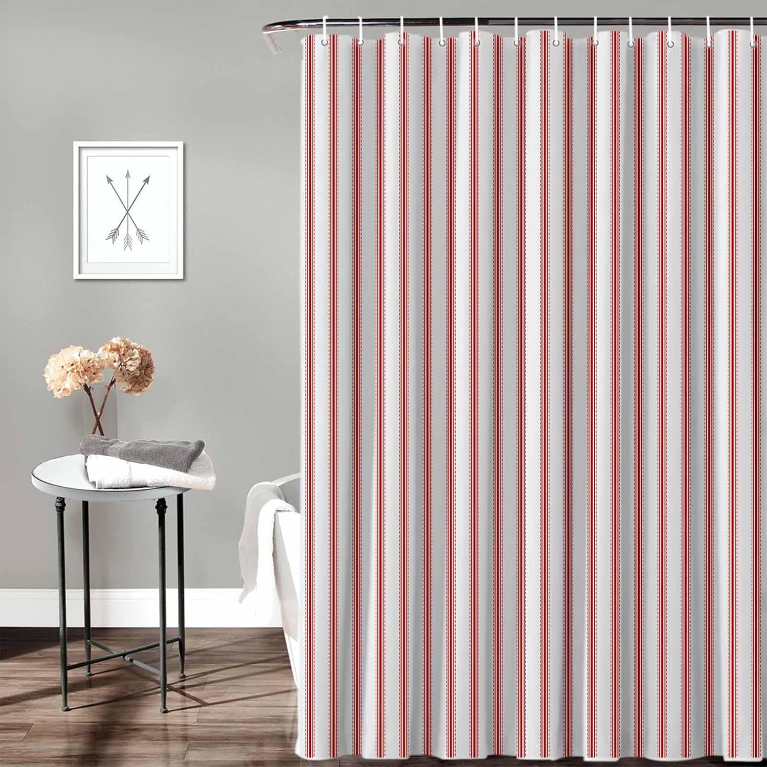 Red Striped Shower Curtain with 12 Hooks Red White Stripes Farmhouse Waterproof Fabric Shower Curtains Sets for Bathroom Bath Decorations, Machine Washable, 60"x72"