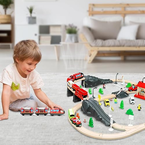 Miniatura 6 de TOPLIVING Tren a pilas para pista de tren de madera, juguetes para niños pequeños de 3, 4, 5 años, acoplamientos magnéticos para niños y niñas,