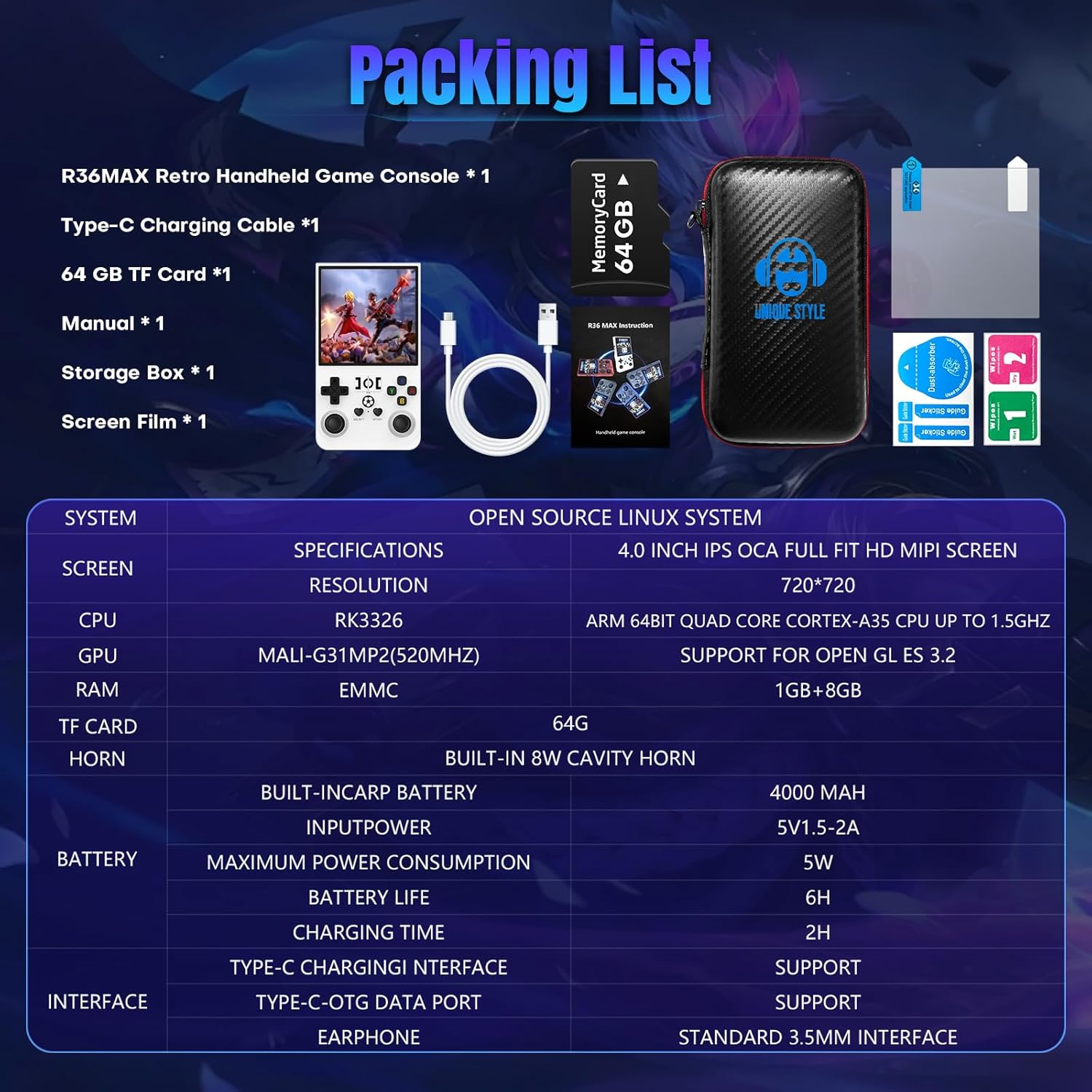 R36MAX Retro Handheld Game Console, 64GB Retro Gaming Console with 4.0 Inch Screen, Portable Video Game Consoles with 4000mAh Battery and Multiple Emulators, Open Linux System (Ivory) 8 718sRhgRRML. AC SL1500