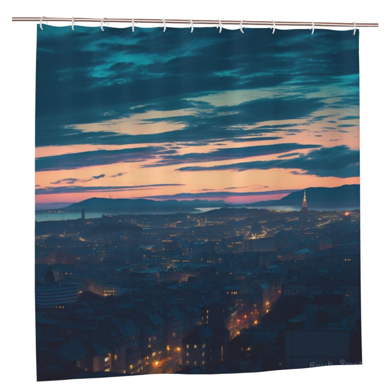 BWWHCCTI Cityscape Dusk Printed Shower Curtain With 12 Plastic Hooks Opaque Quick Drying Waterproof Shower Curtains Sets For Bathroom 183x183 CM
