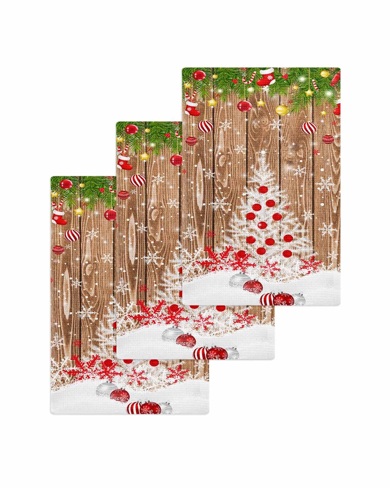 Hokiten Christmas Tree Waffle Kitchen Towels Dishcloths, Snowflake Balls Xmas Tree Vintage Absorbent Dish Towels | Hand Towels for Bathroom/Bar, 16 x 24 Inch, 3 Pcs