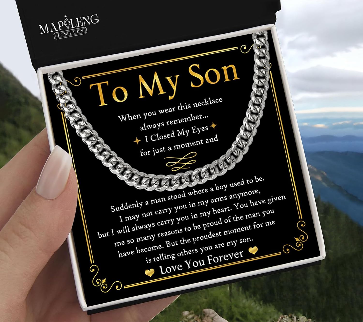 To My Son Cuban Link Chain Necklace from Mom and Dad, Meaningful Gift of Love and Strength with Message Card and Gift Box, Unique Jewelry for Boy on Birthday, Graduation, or Christmas