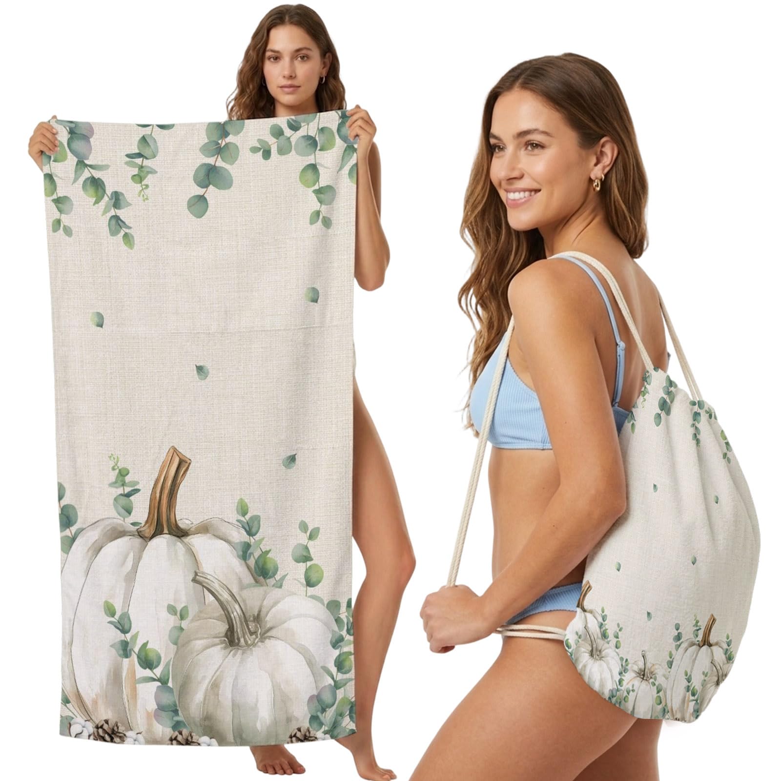 2-in-1 Beach Towel Backpack,Thanksgiving Fall Pumpkin on Linen Bath Towel with Built-in Storage Green Eucalyptus Leaves Convertible Foldable Beach Blanket for Travel Pool Gym Camping Swim,31x63in